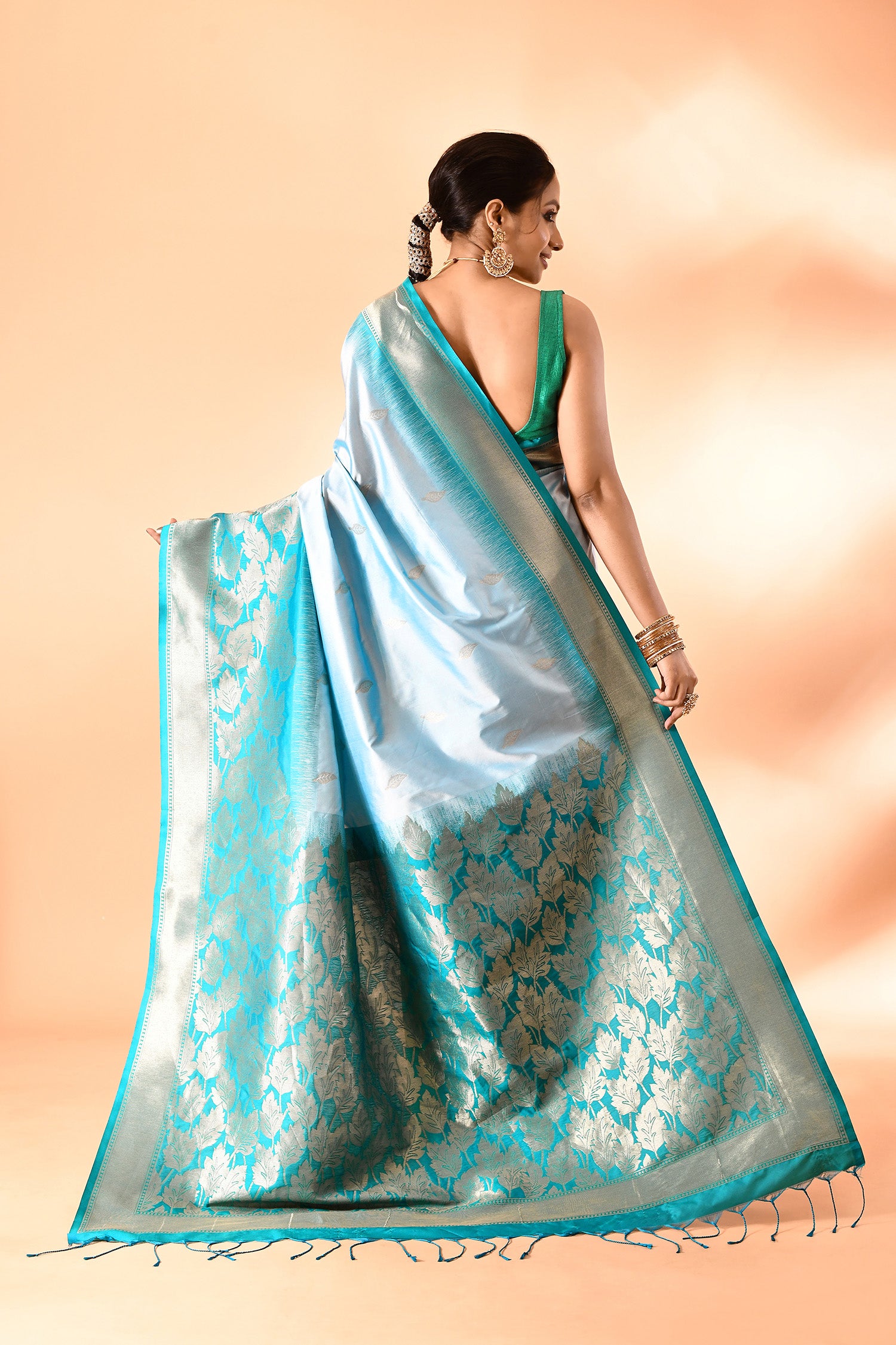Sky Blue and Sea Green Banarasi Silk Saree with Unstitched Blouse