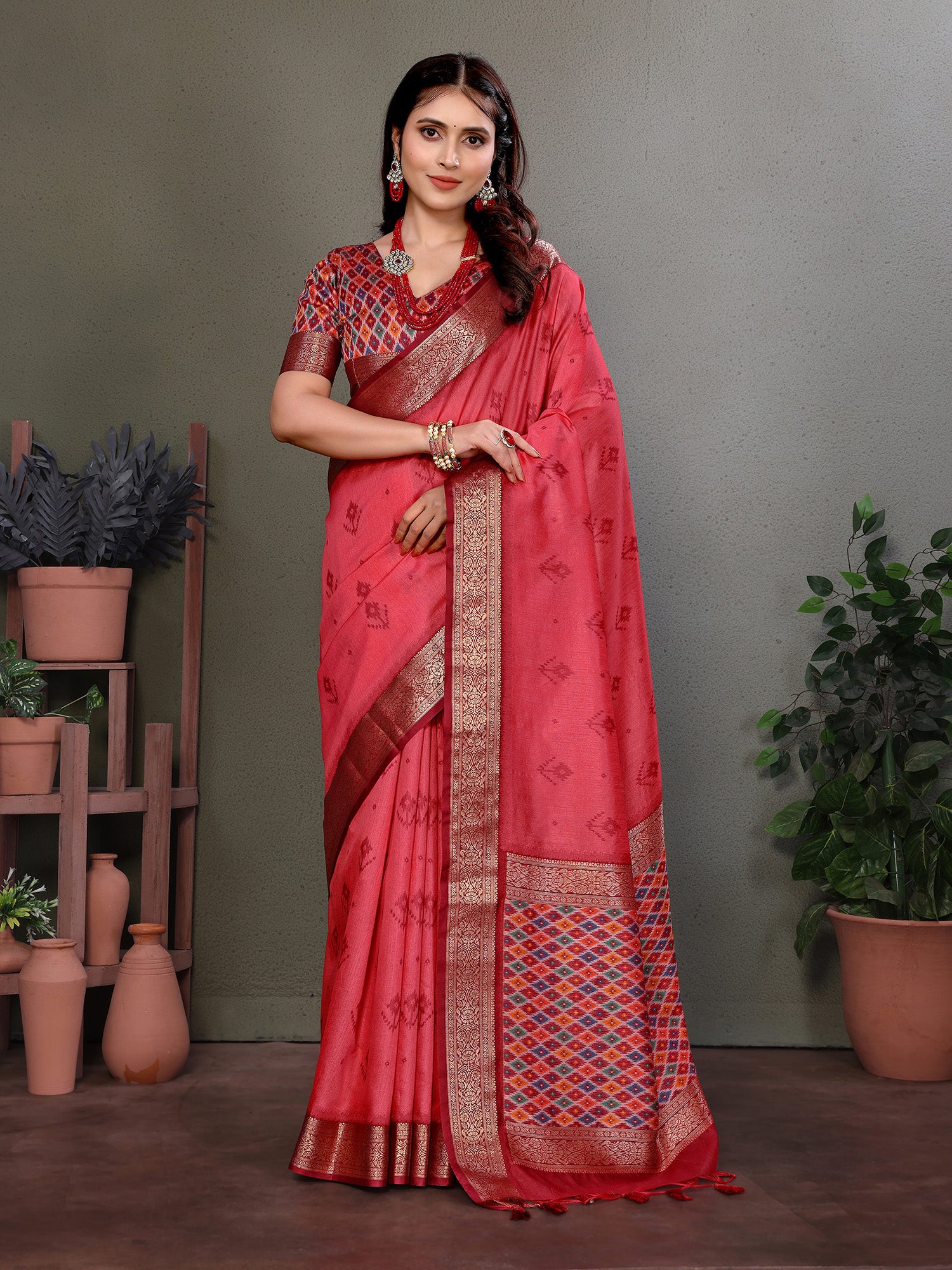 Red Banarasi Silk Saree with Unstitched Blouse