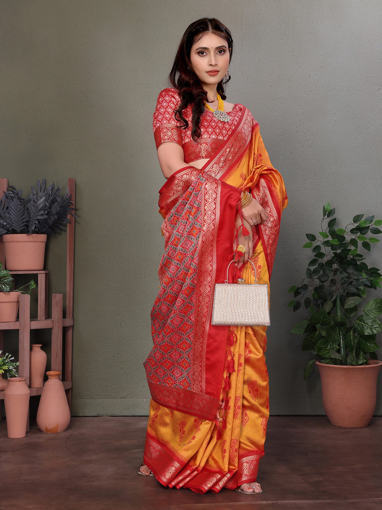 Orange Banarasi Silk Saree with Unstitched Blouse