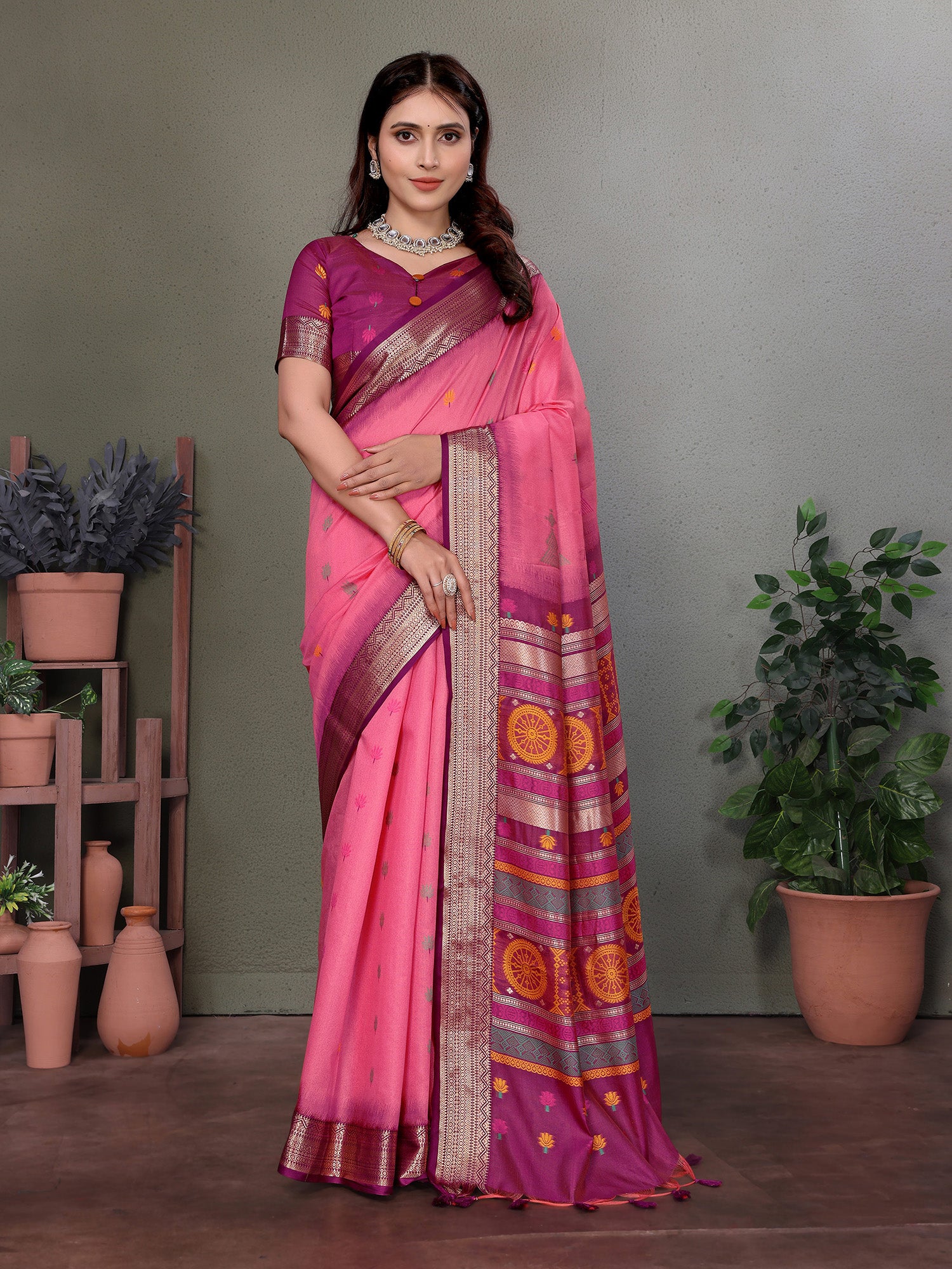 Pink Banarasi Silk Saree with Unstitched Blouse