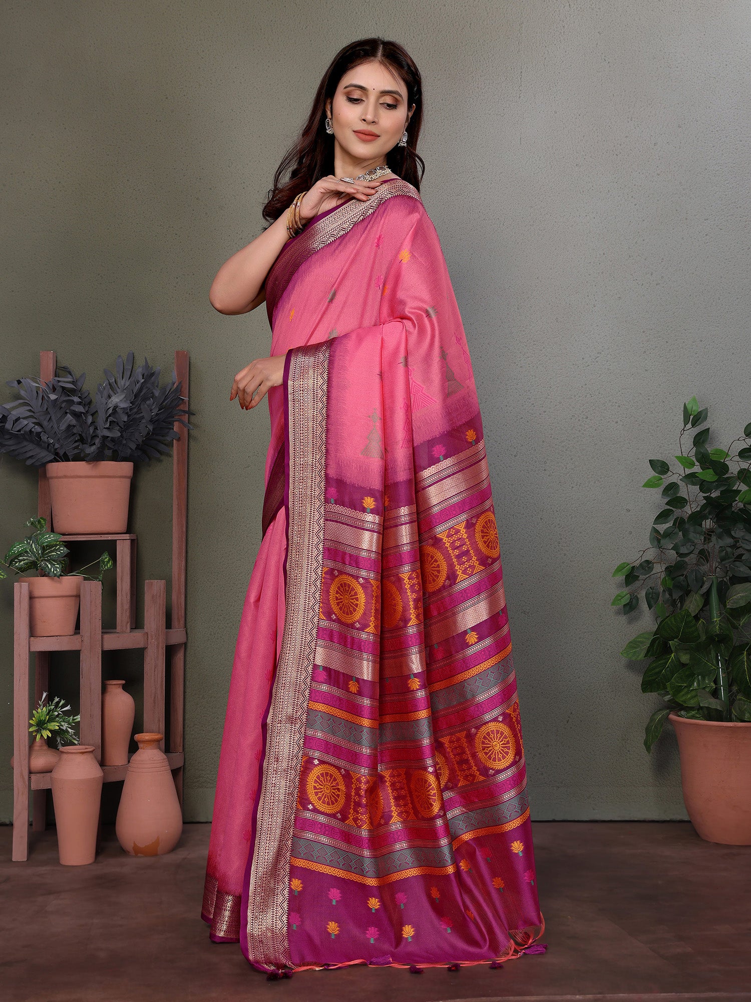 Pink Banarasi Silk Saree with Unstitched Blouse