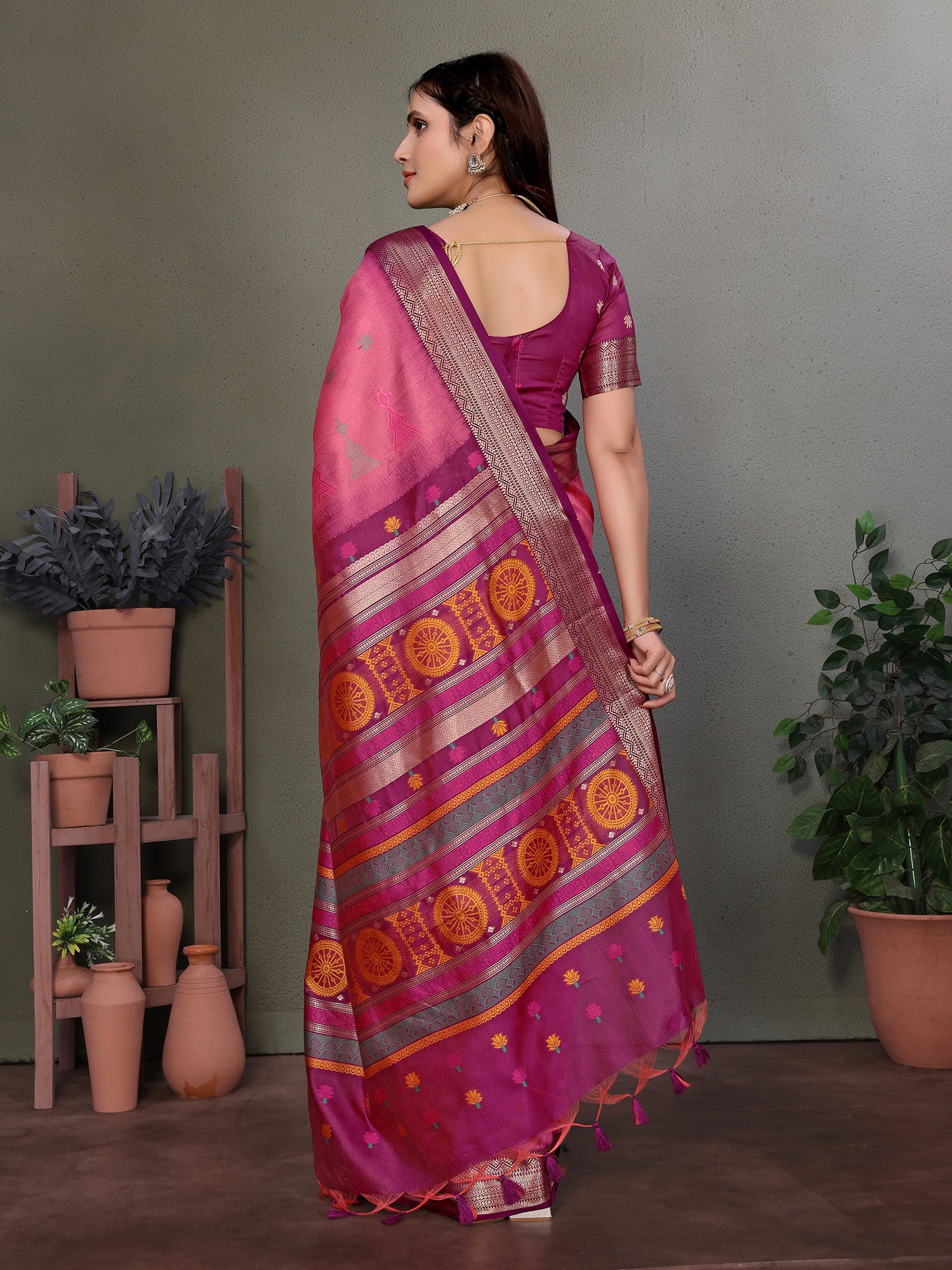 Pink Banarasi Silk Saree with Unstitched Blouse