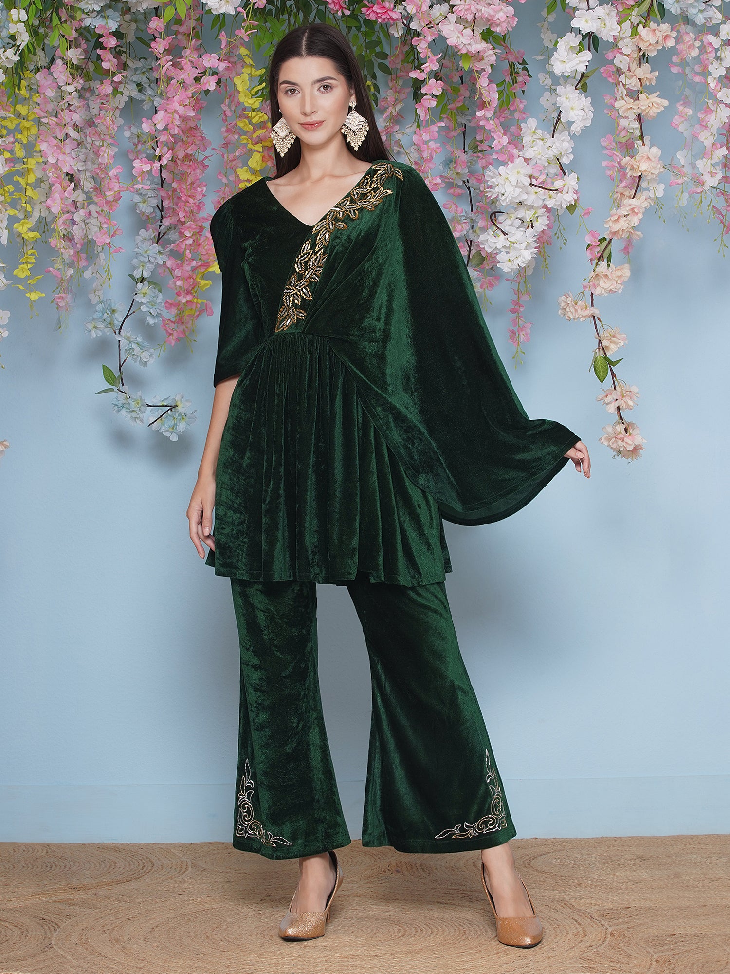 Women Green Velvet Hand Embellished Set