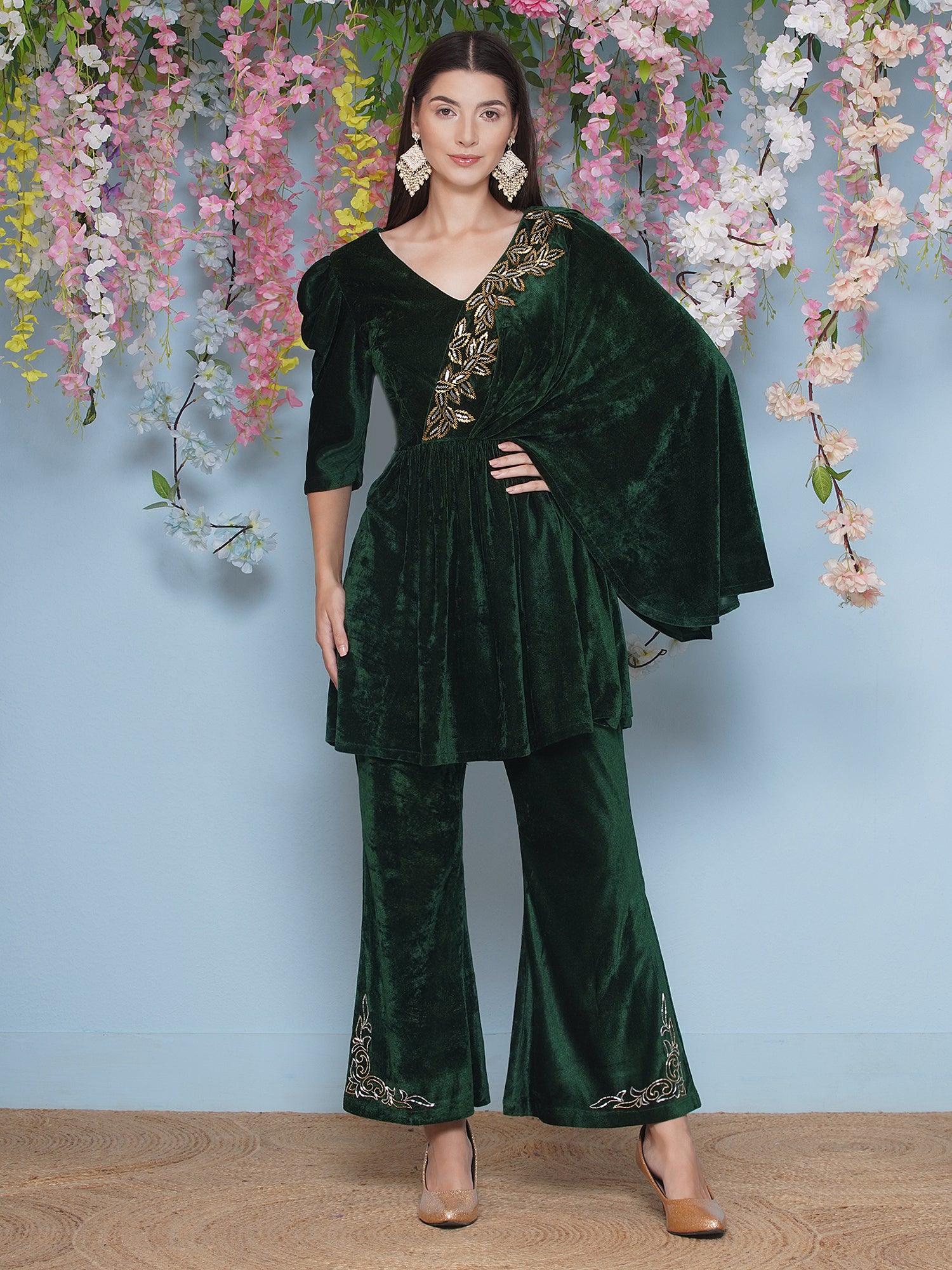 Women Green Velvet Hand Embellished Set