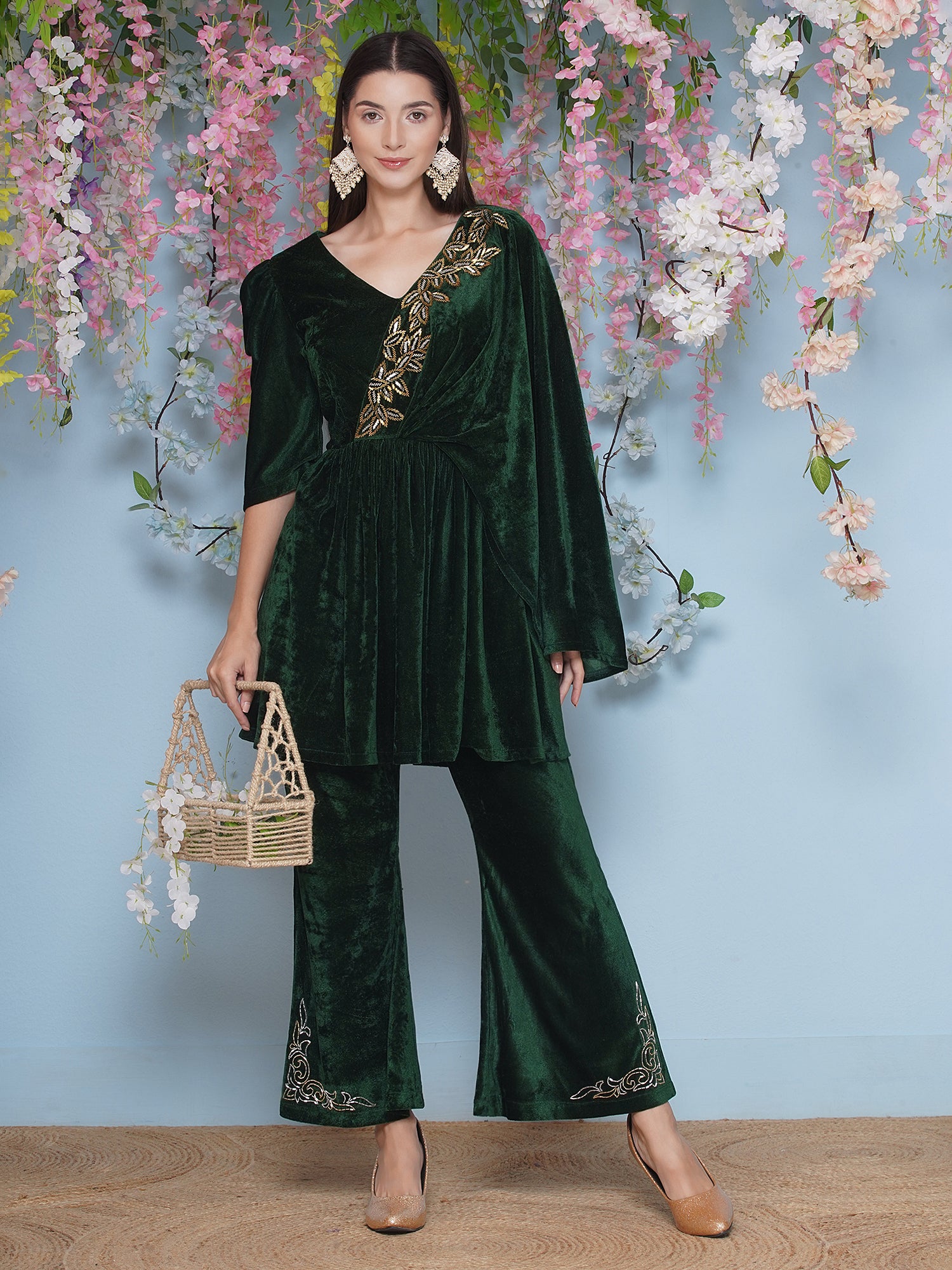 Women Green Velvet Hand Embellished Set