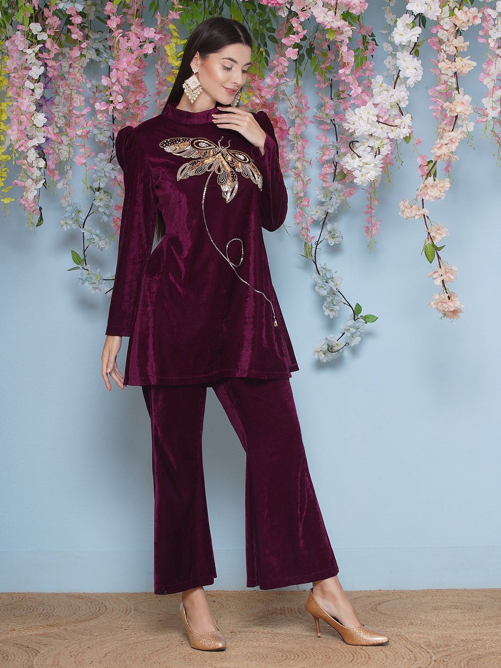 Women Wine Velvet Hand Embellished Coor Set