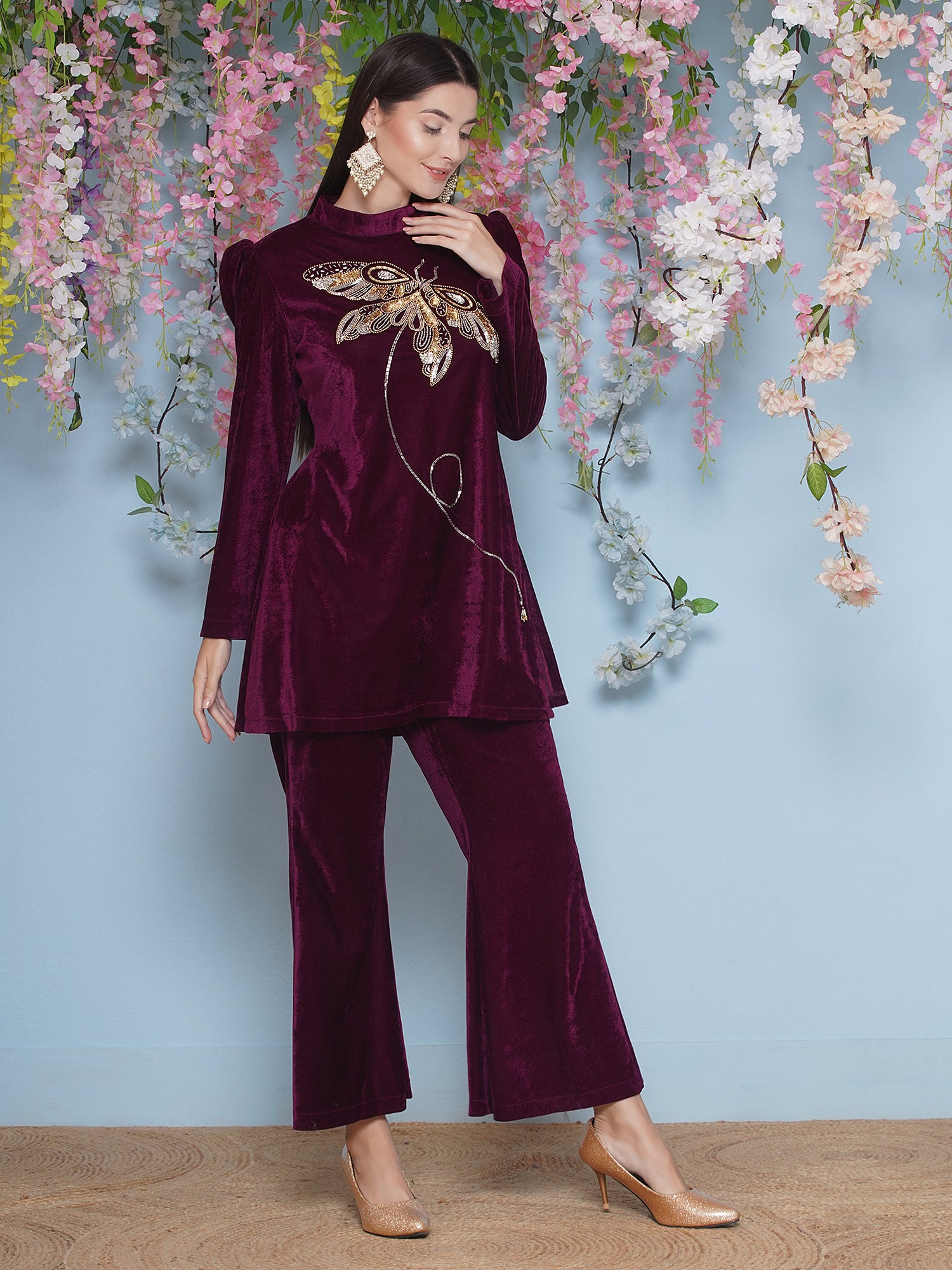 Women Wine Velvet Hand Embellished Coor Set