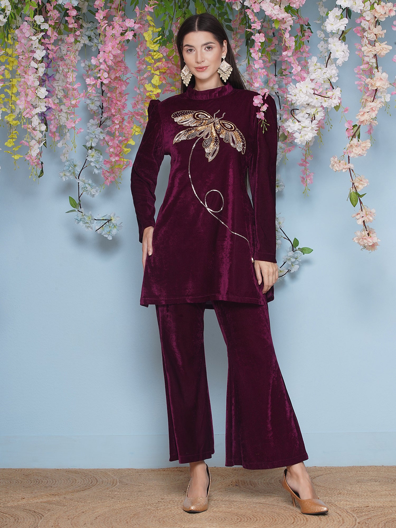 Women Wine Velvet Hand Embellished Coor Set