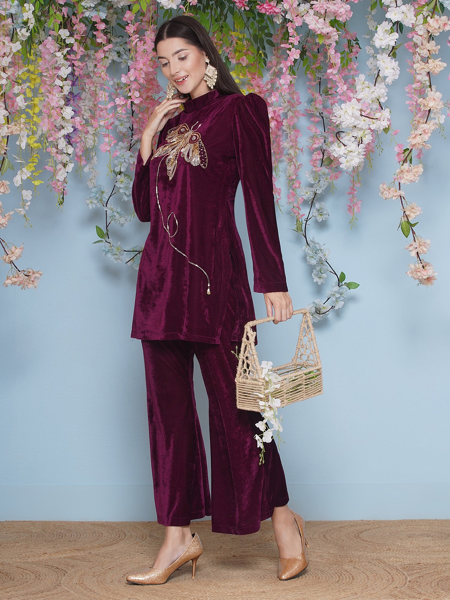 Women Wine Velvet Hand Embellished Coor Set