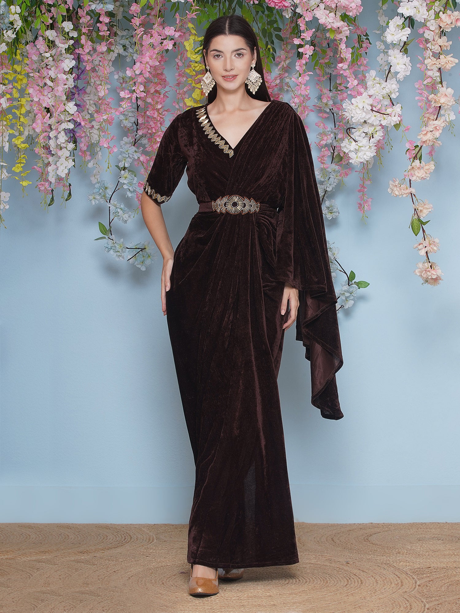 Women Brown Hand Embellished Gown With Drape and Belt