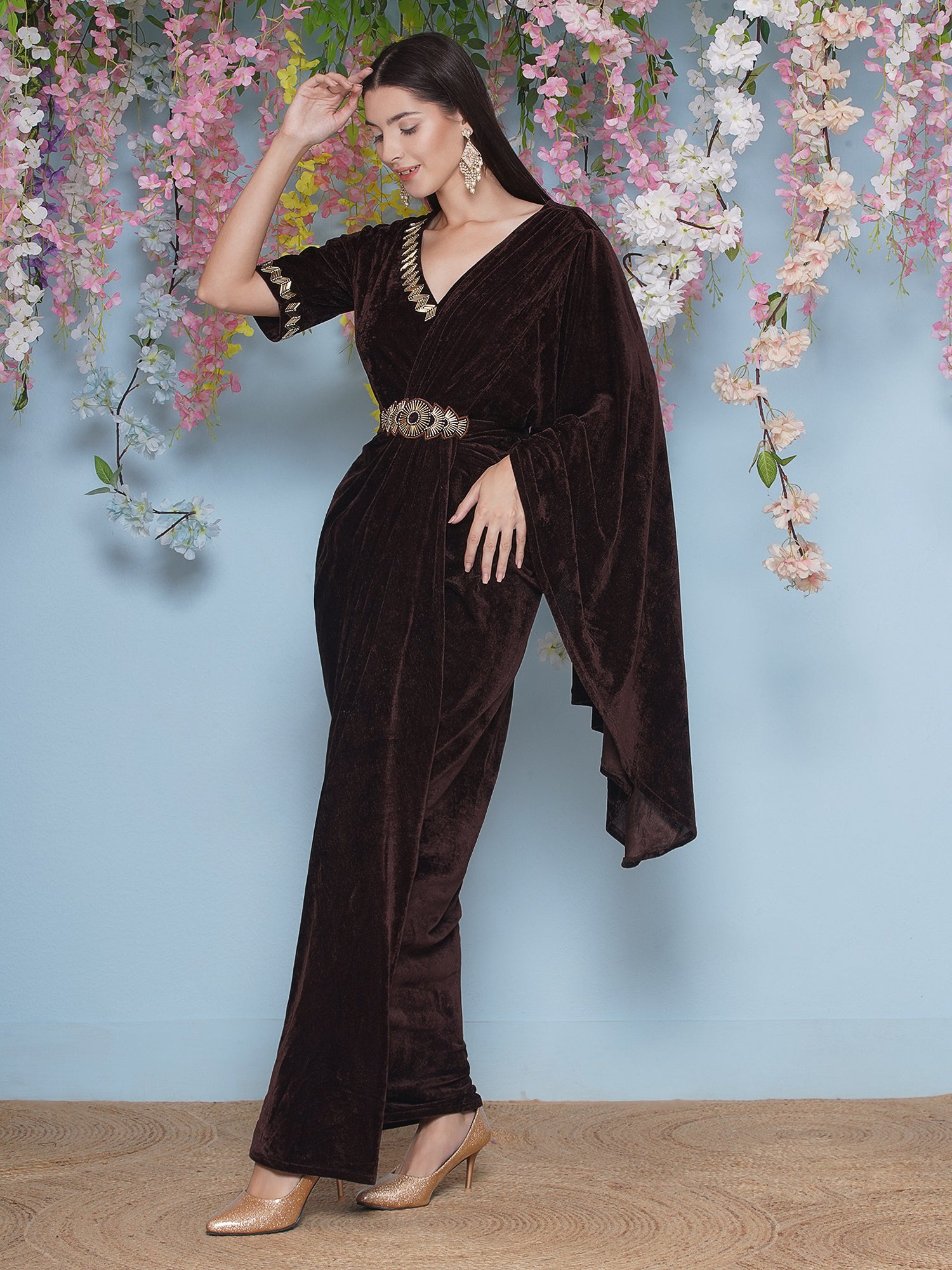 Women Brown Hand Embellished Gown With Drape and Belt