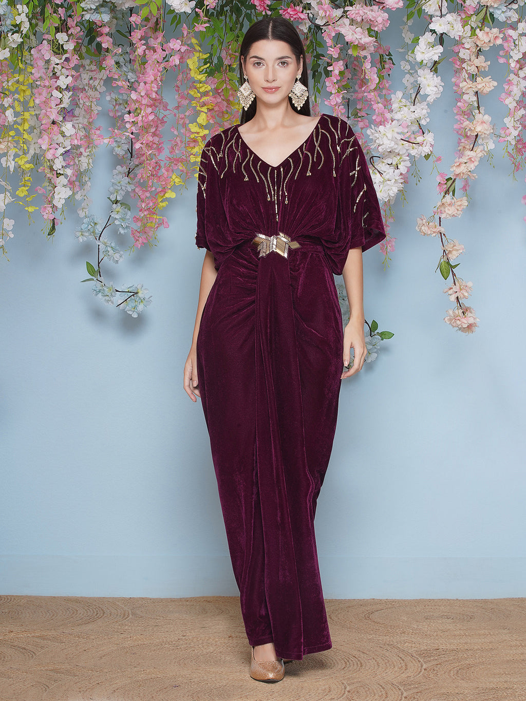 Women Wine Hand Embellished Velvet Gown With Belt