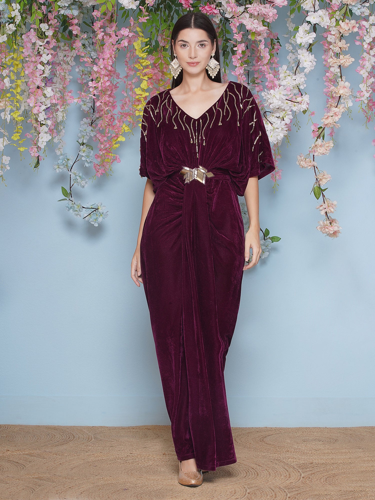 Women Wine Hand Embellished Velvet Gown With Belt