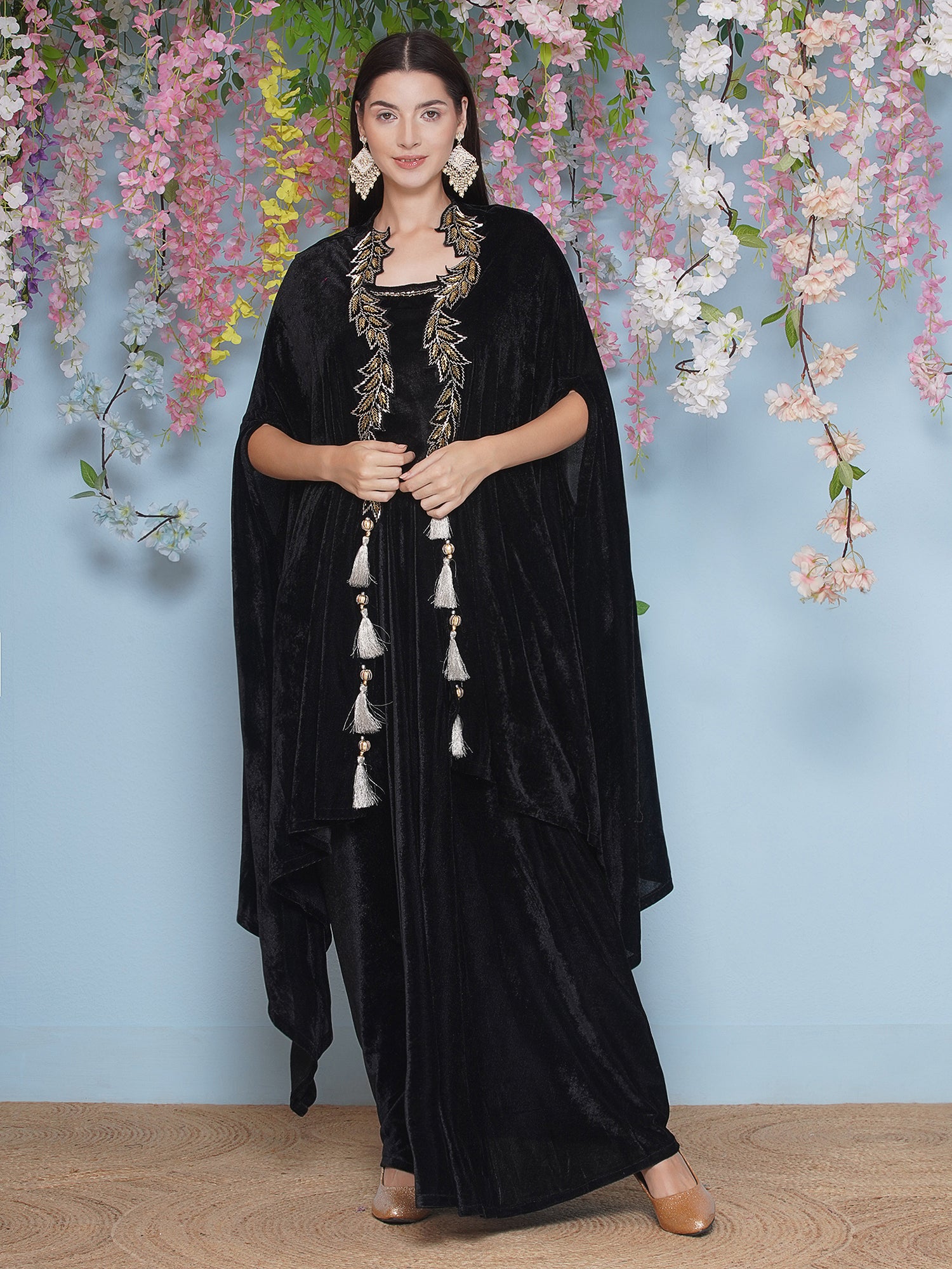 Women Black Hand Embellished Cape with Inner and Skirt