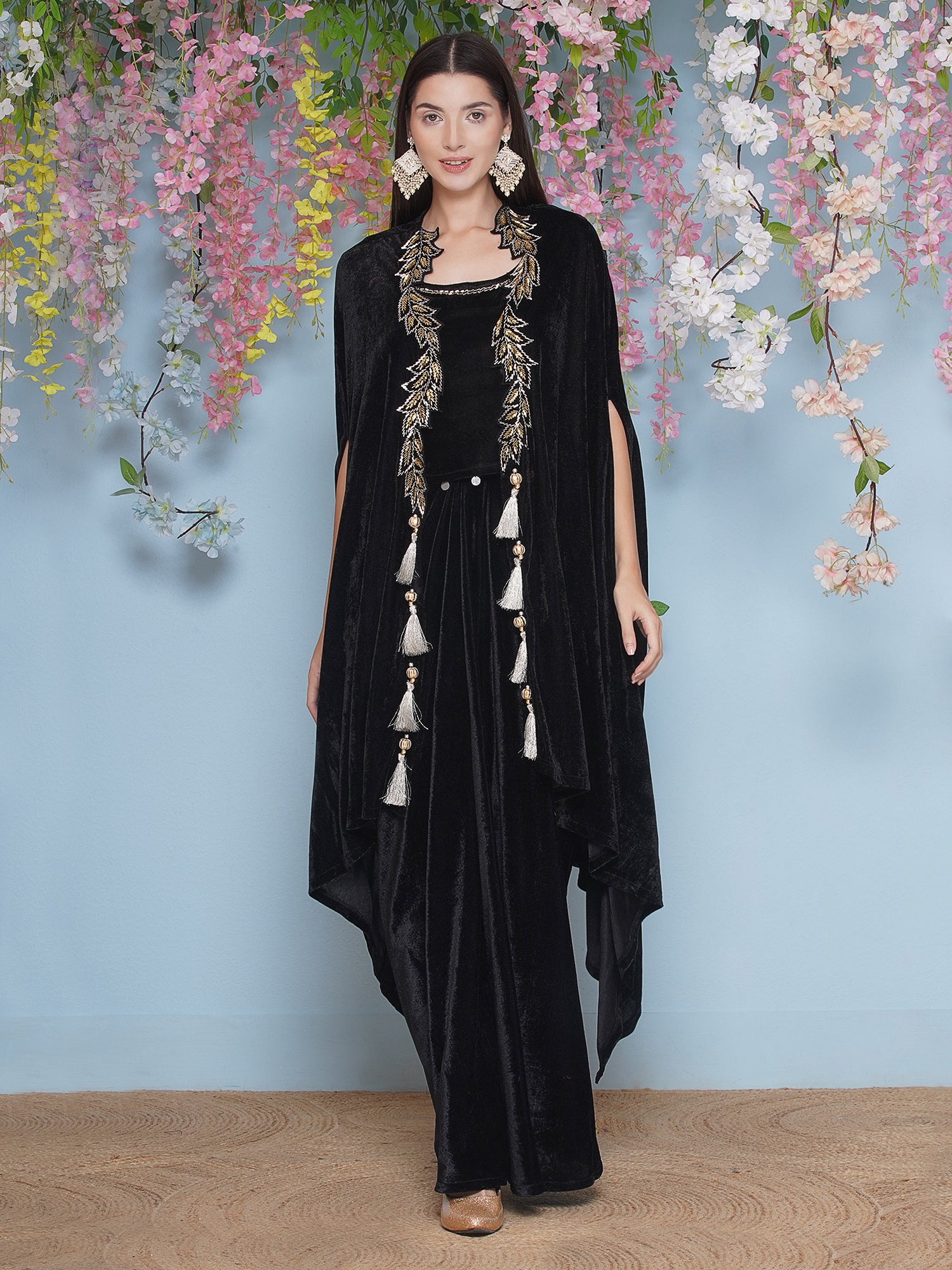Women Black Hand Embellished Cape with Inner and Skirt