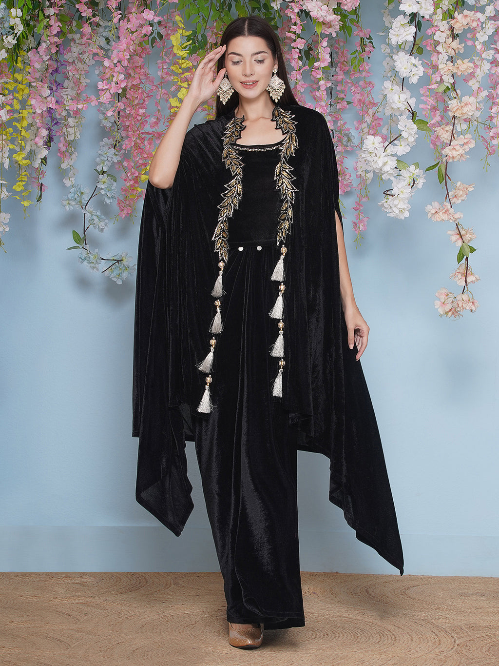Women Black Hand Embellished Cape with Inner and Skirt