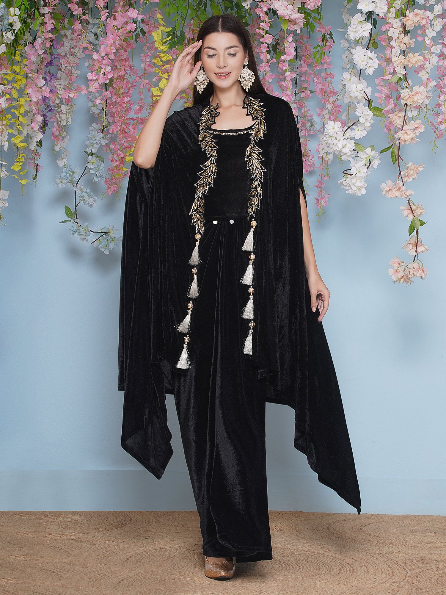 Women Black Hand Embellished Cape with Inner and Skirt