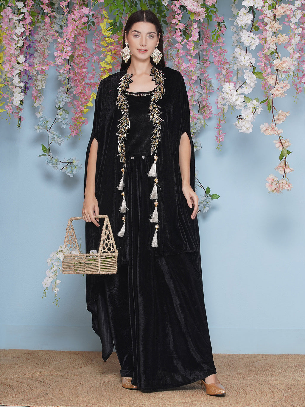 Women Black Hand Embellished Cape with Inner and Skirt