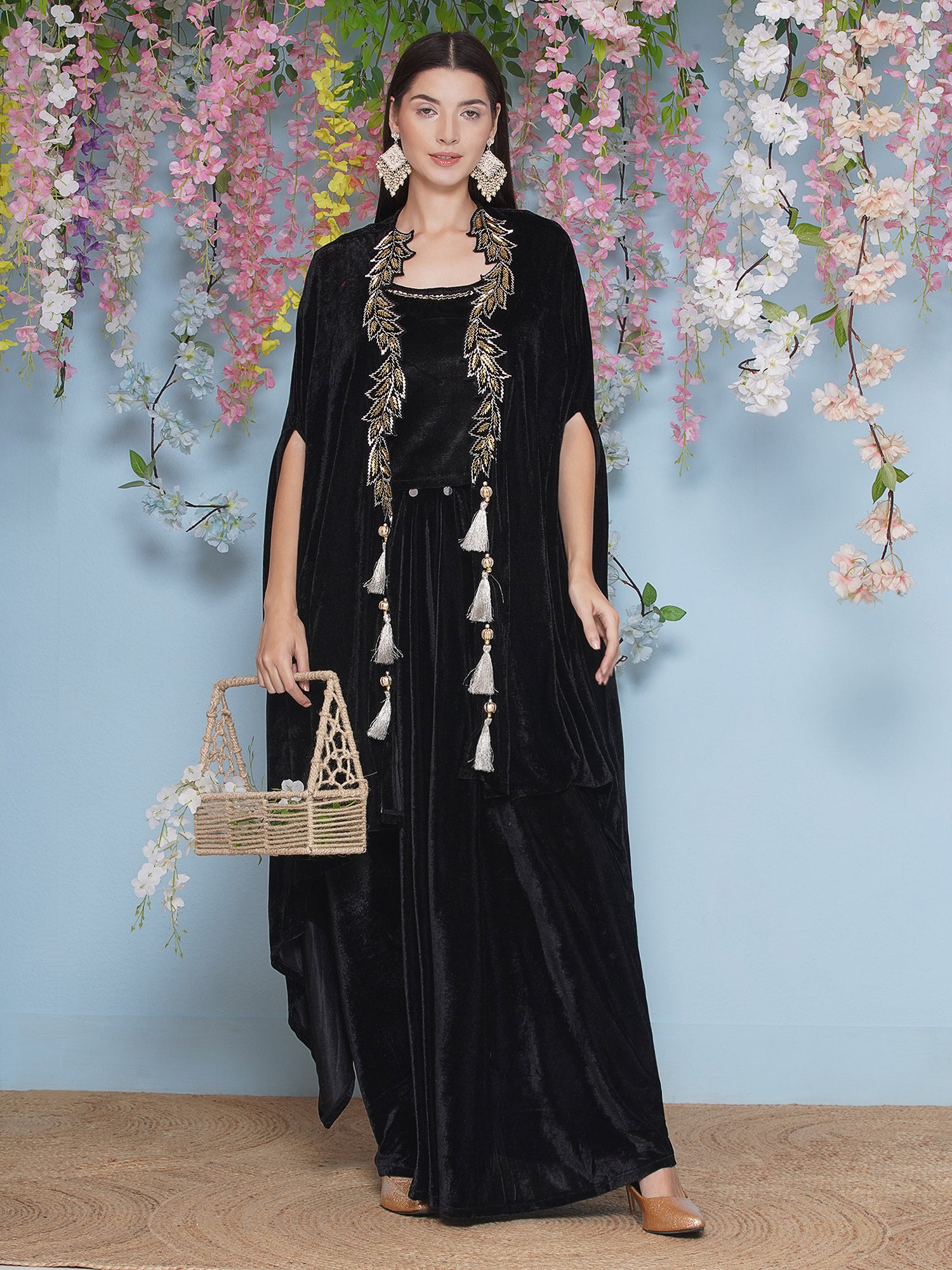 Women Black Hand Embellished Cape with Inner and Skirt