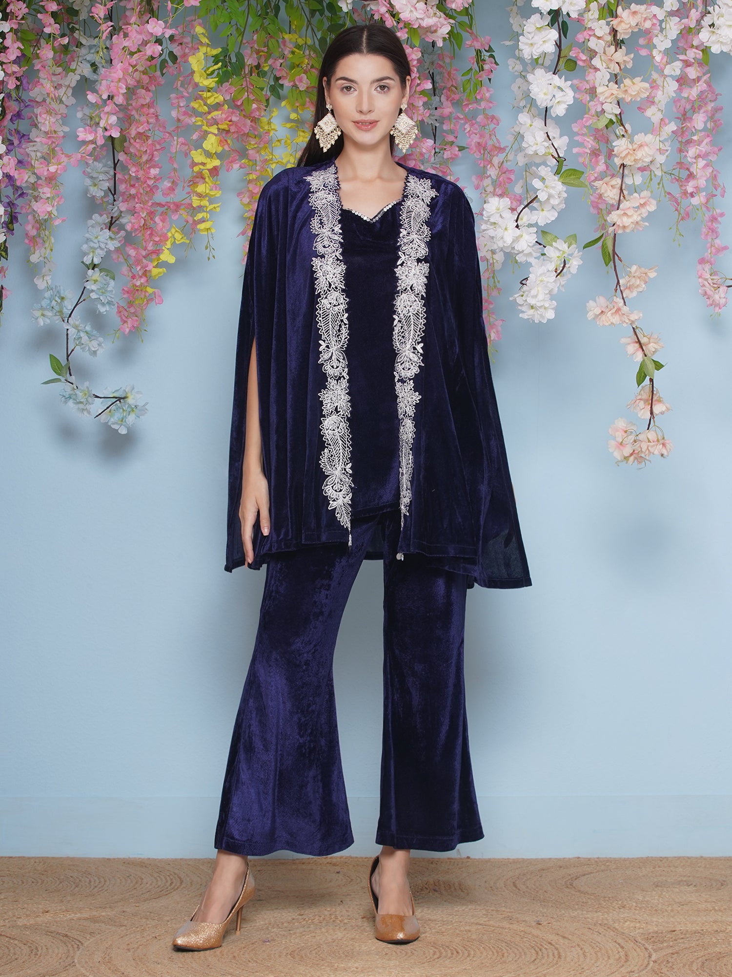 Women Navy Blue Velvet Cape Set