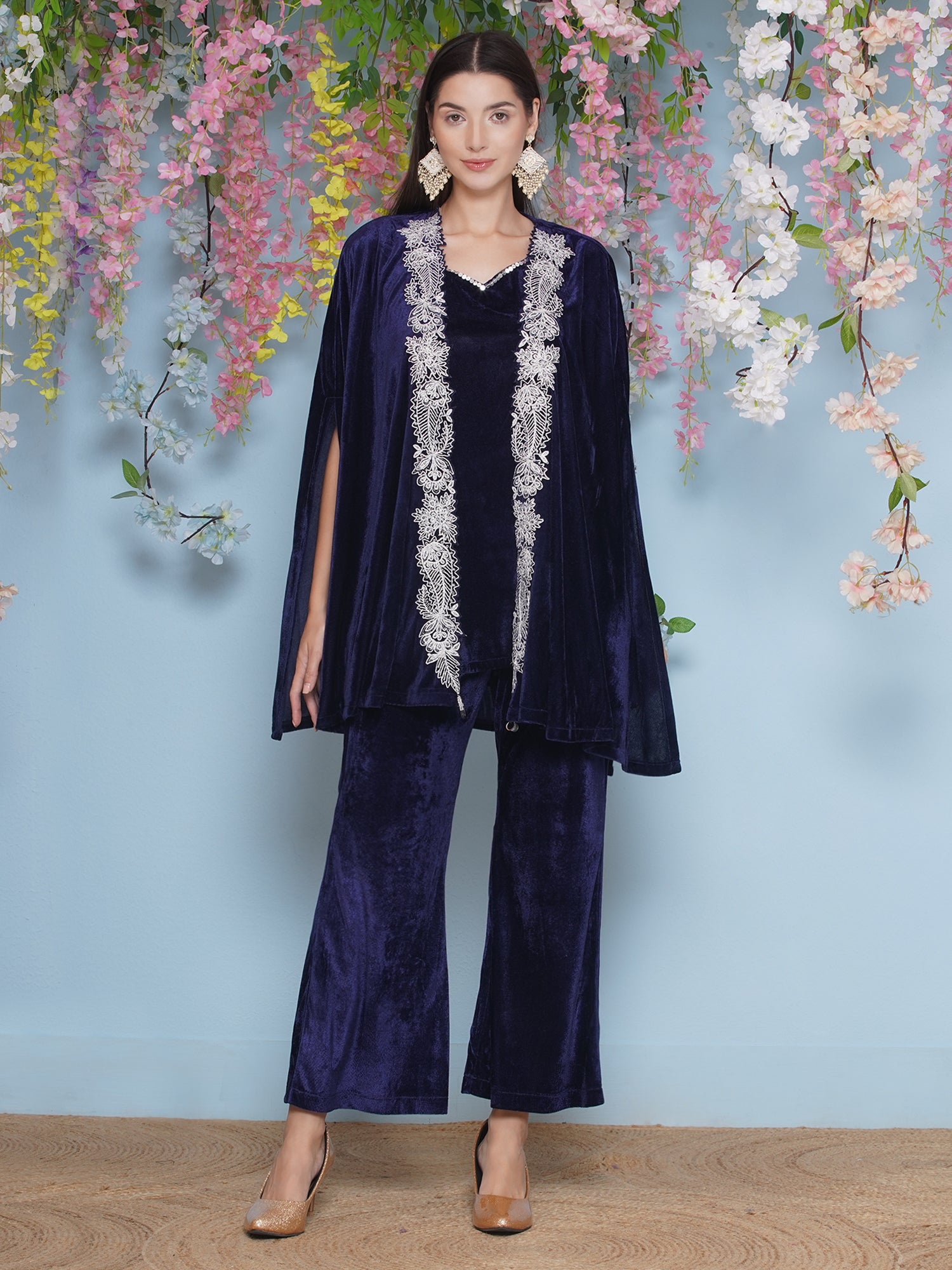 Women Navy Blue Velvet Cape Set