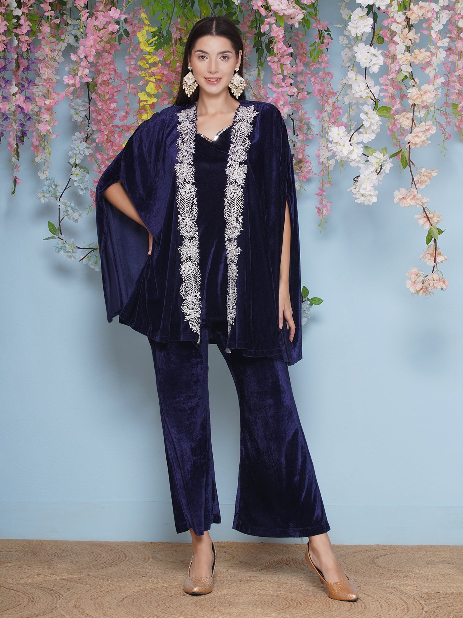 Women Navy Blue Velvet Cape Set