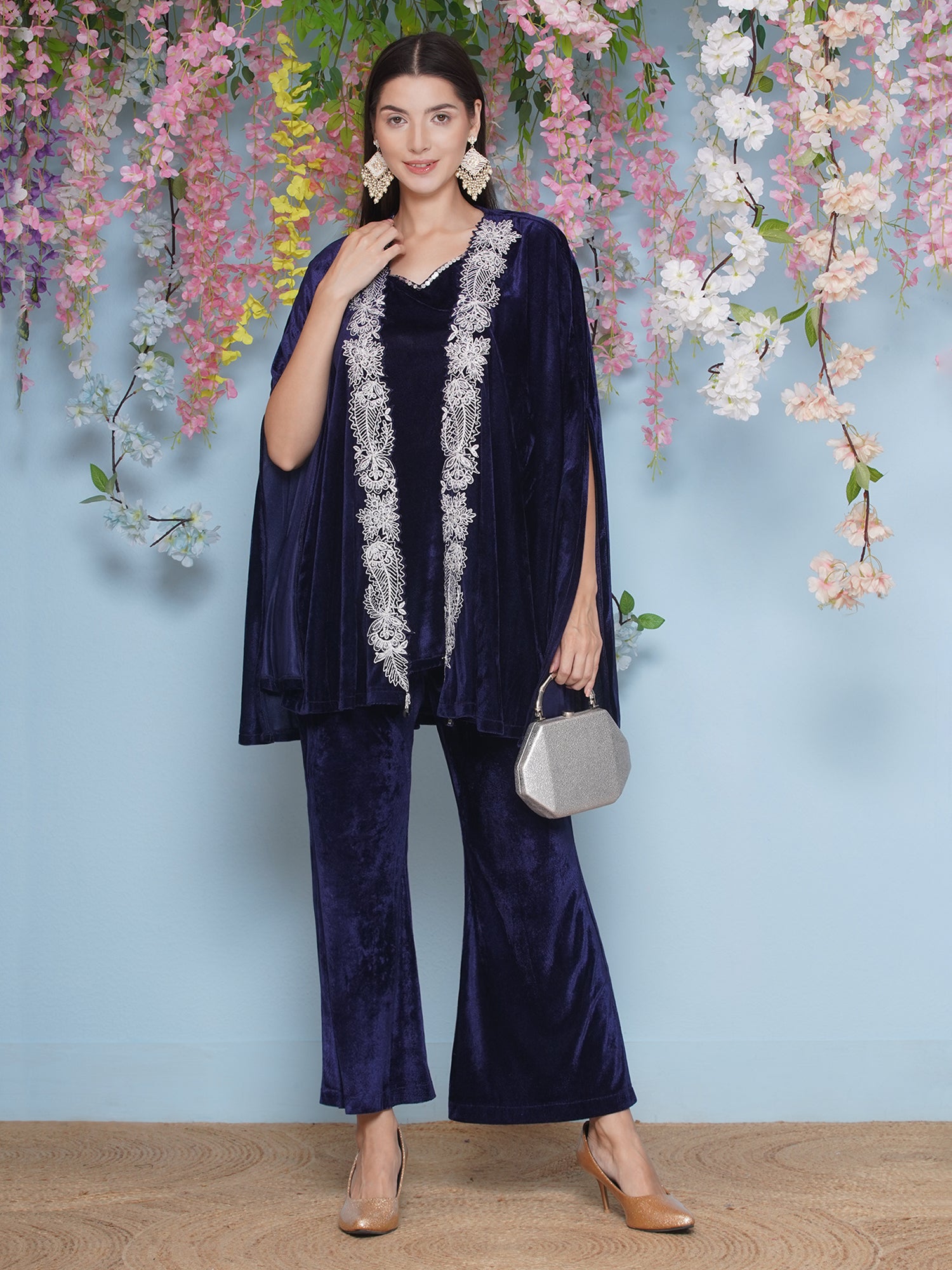 Women Navy Blue Velvet Cape Set
