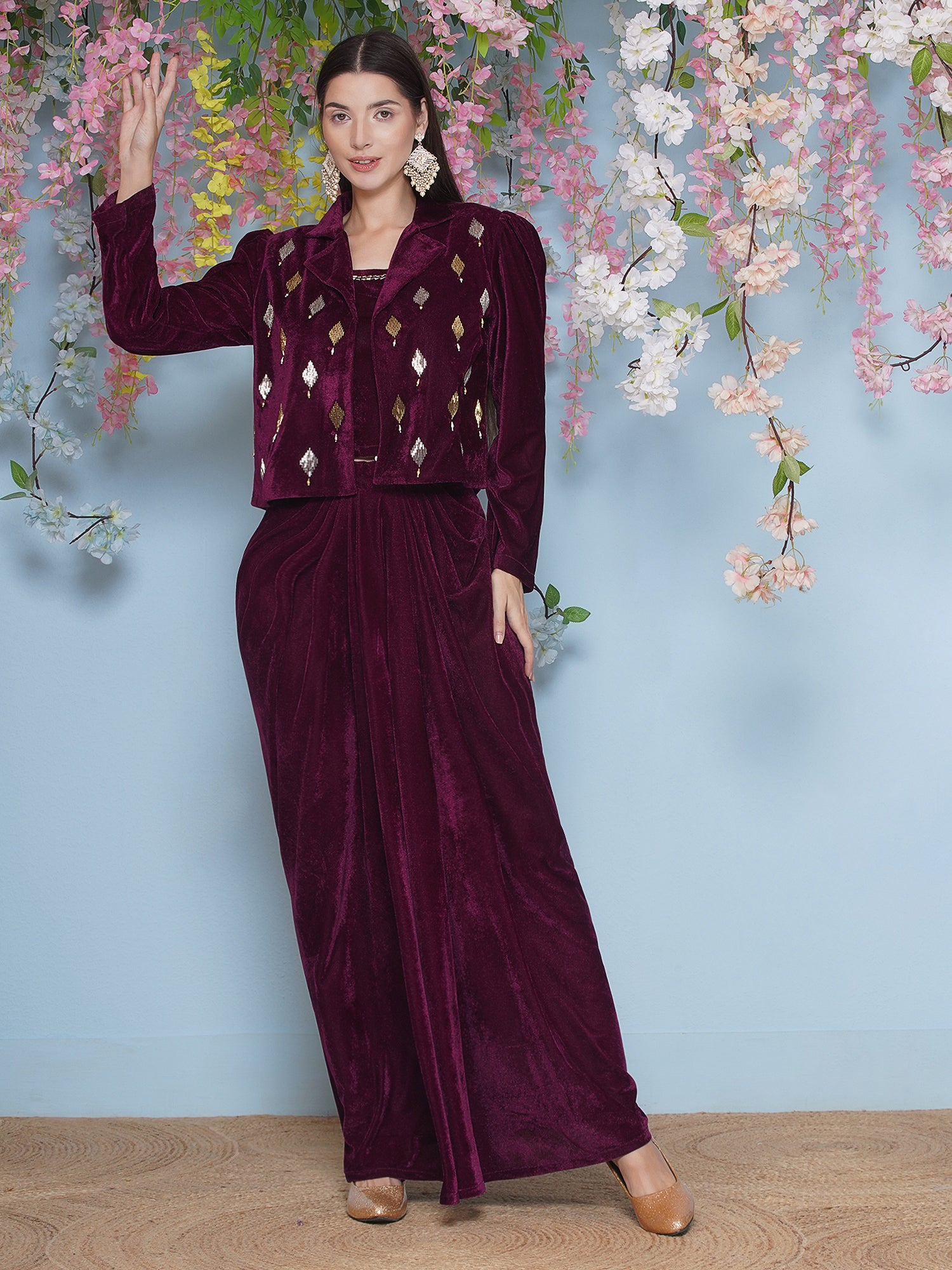 Women Wine Hand Embellished Jacket with inner and skirt