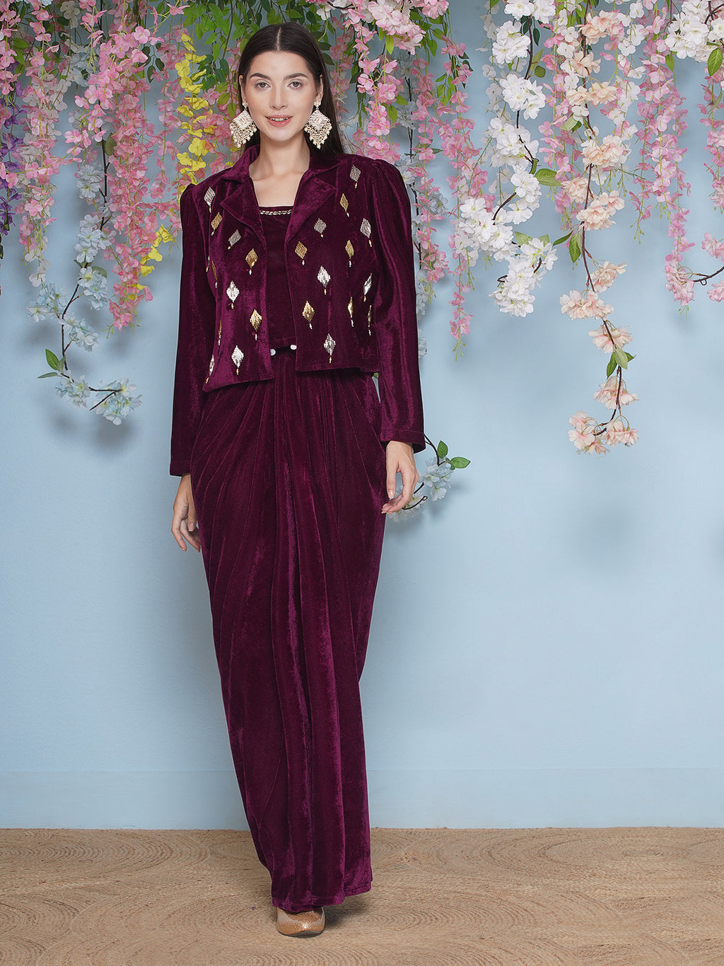 Women Wine Hand Embellished Jacket with inner and skirt