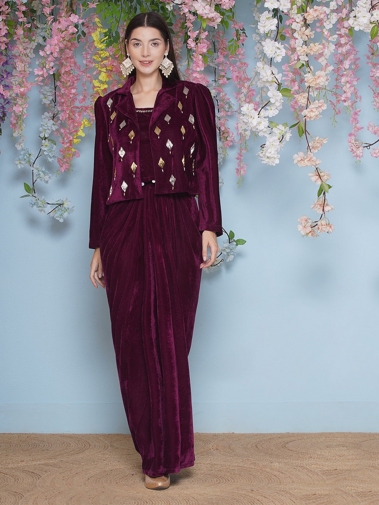 Women Wine Hand Embellished Jacket with inner and skirt