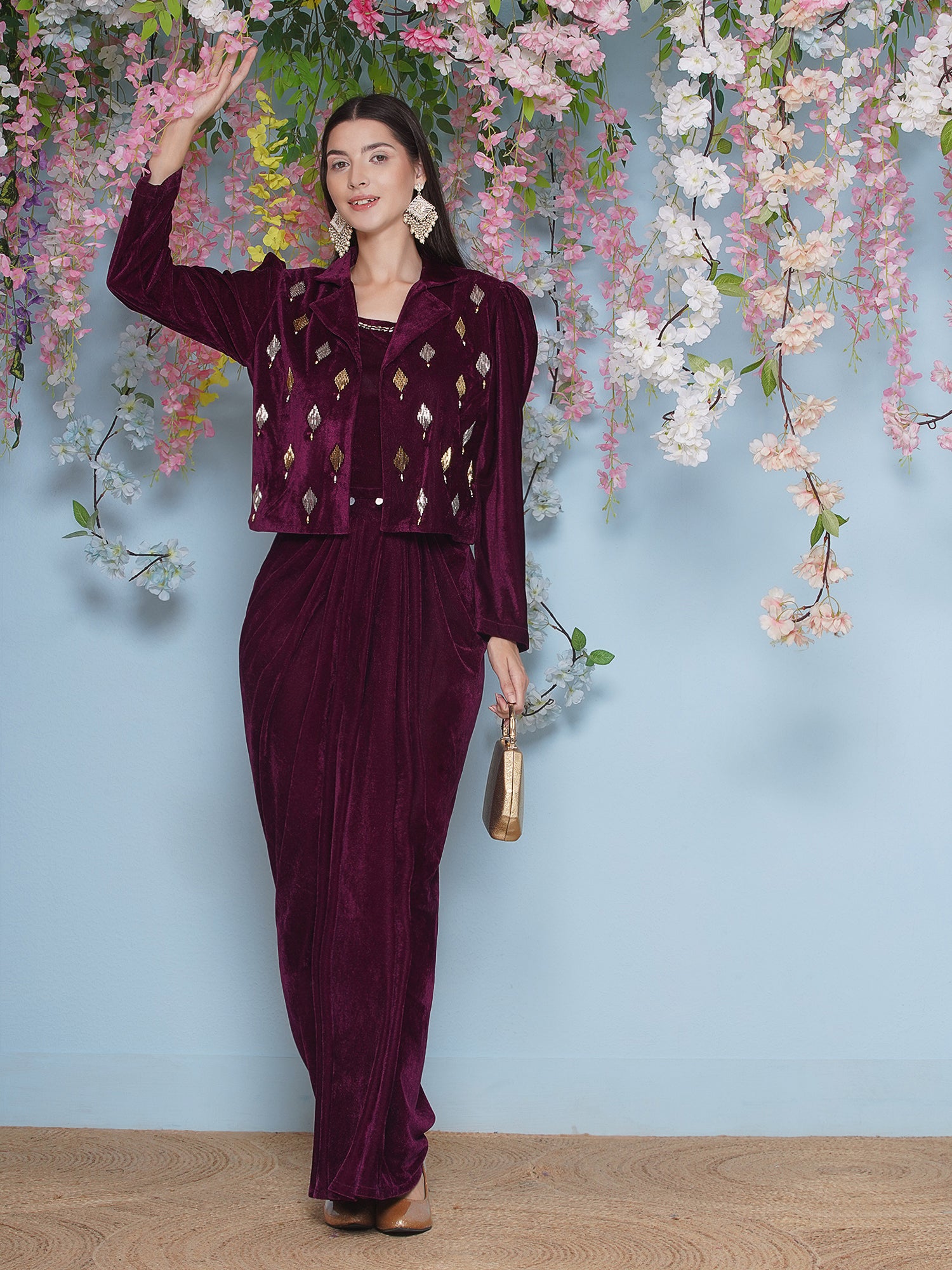 Women Wine Hand Embellished Jacket with inner and skirt