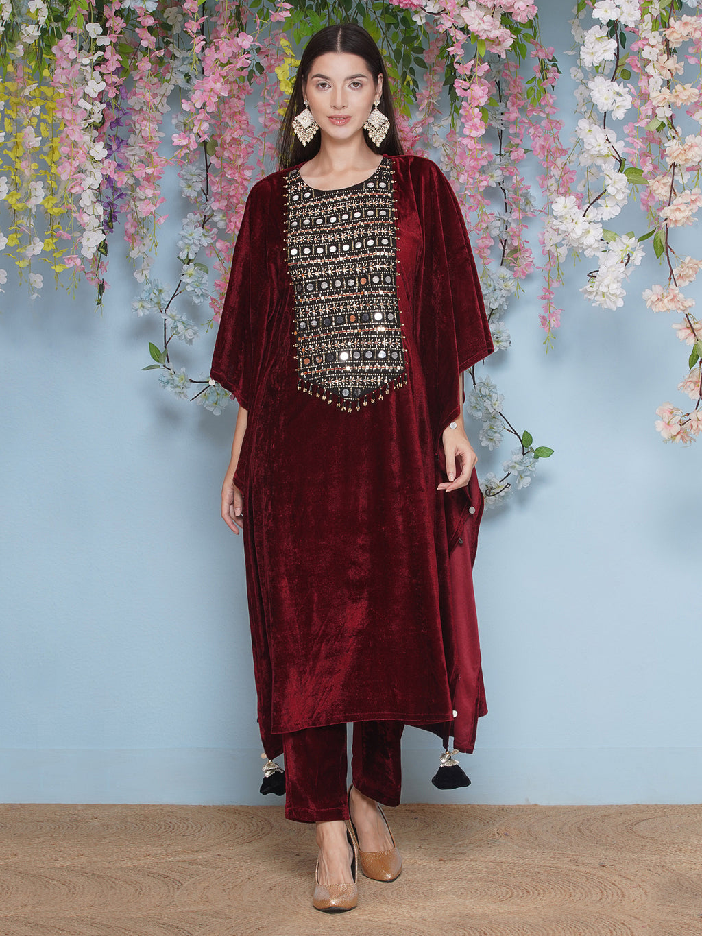 Women Maroon Velvet Hand Embellished Kaftaan Set