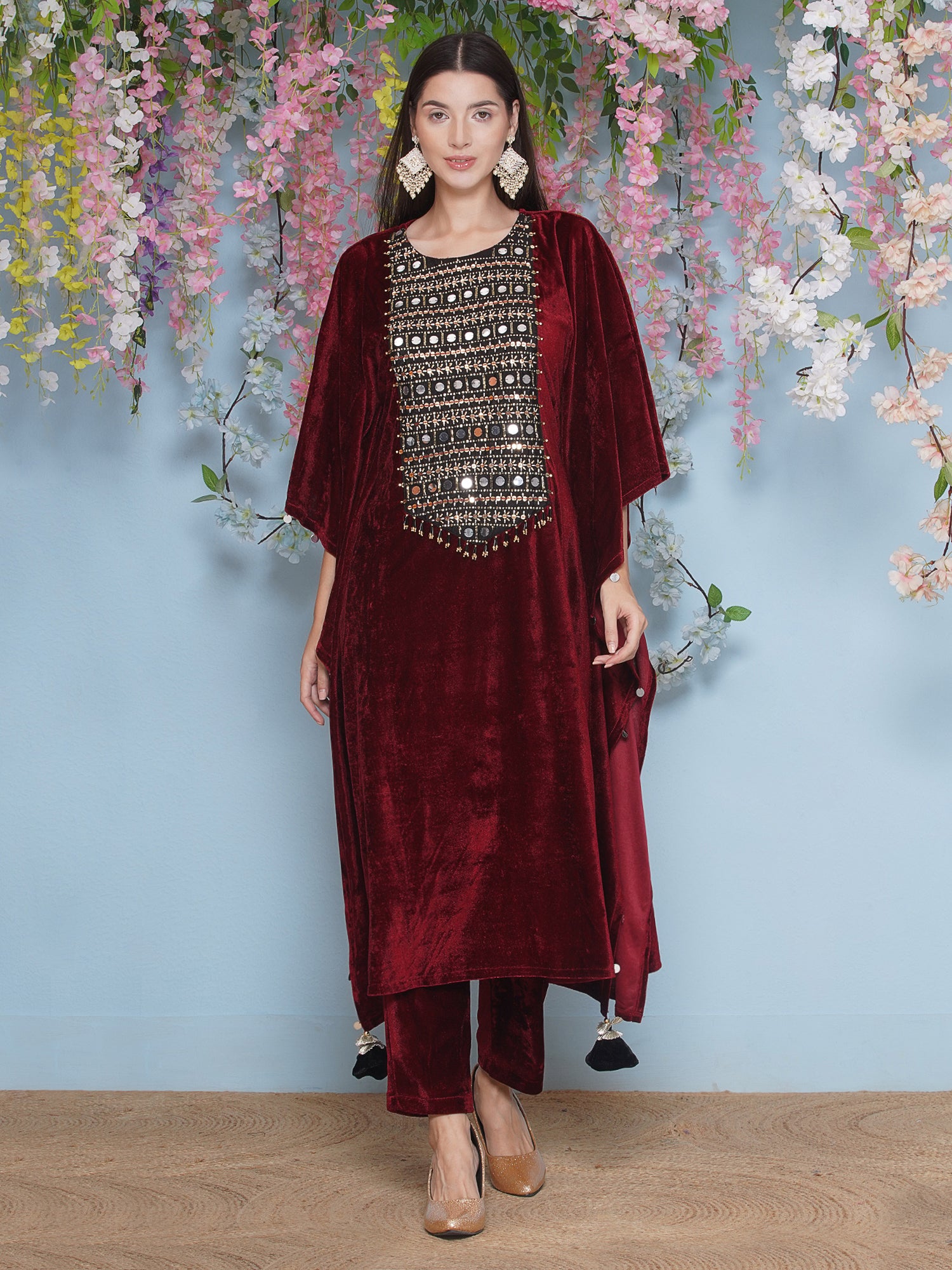 Women Maroon Velvet Hand Embellished Kaftaan Set