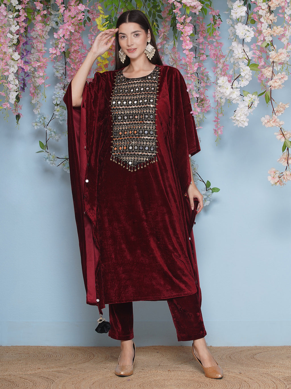 Women Maroon Velvet Hand Embellished Kaftaan Set