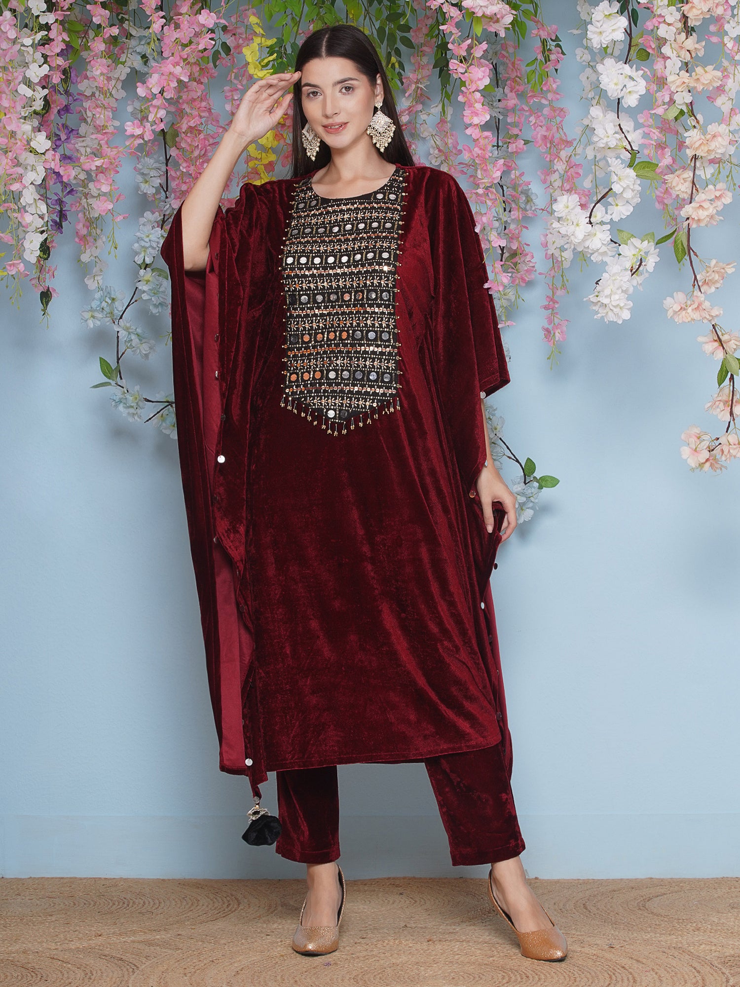 Women Maroon Velvet Hand Embellished Kaftaan Set