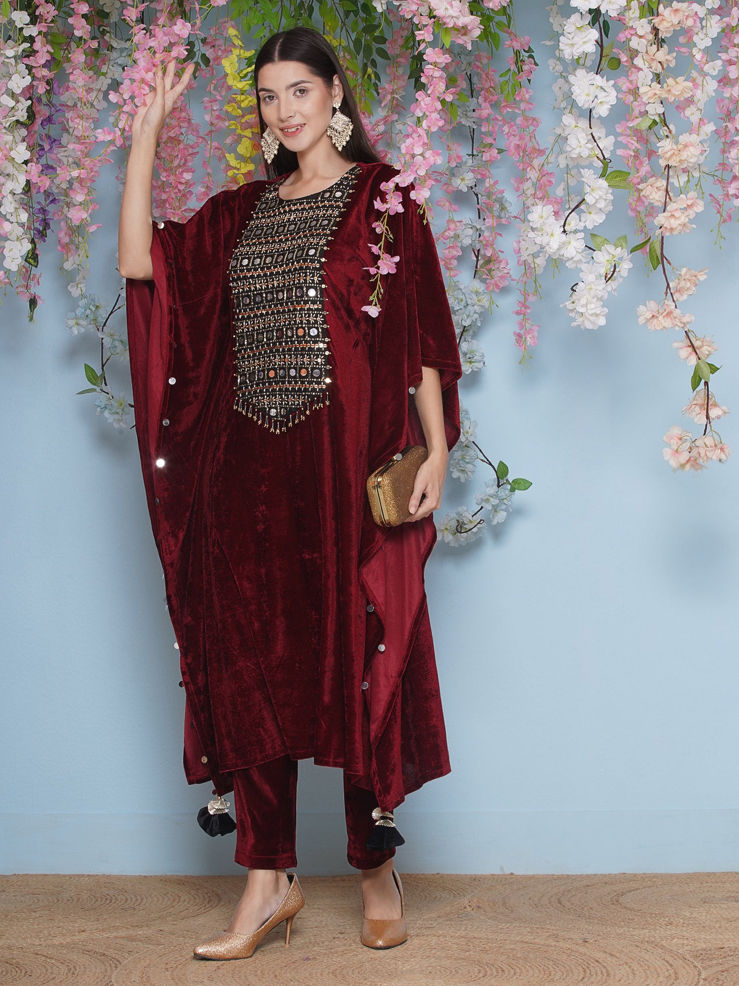Women Maroon Velvet Hand Embellished Kaftaan Set