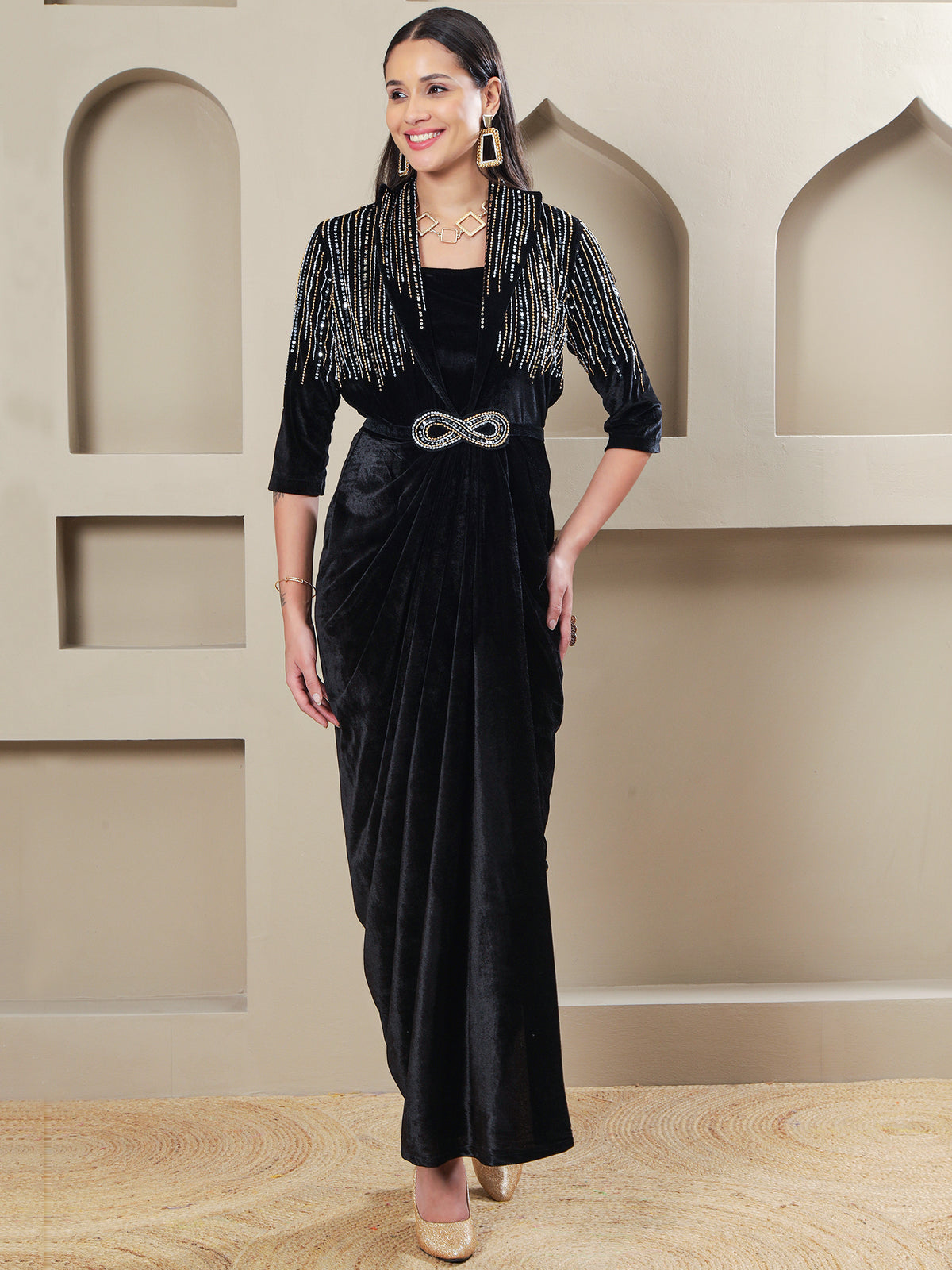 Women BLACK VELVET 3 PCS GOWN