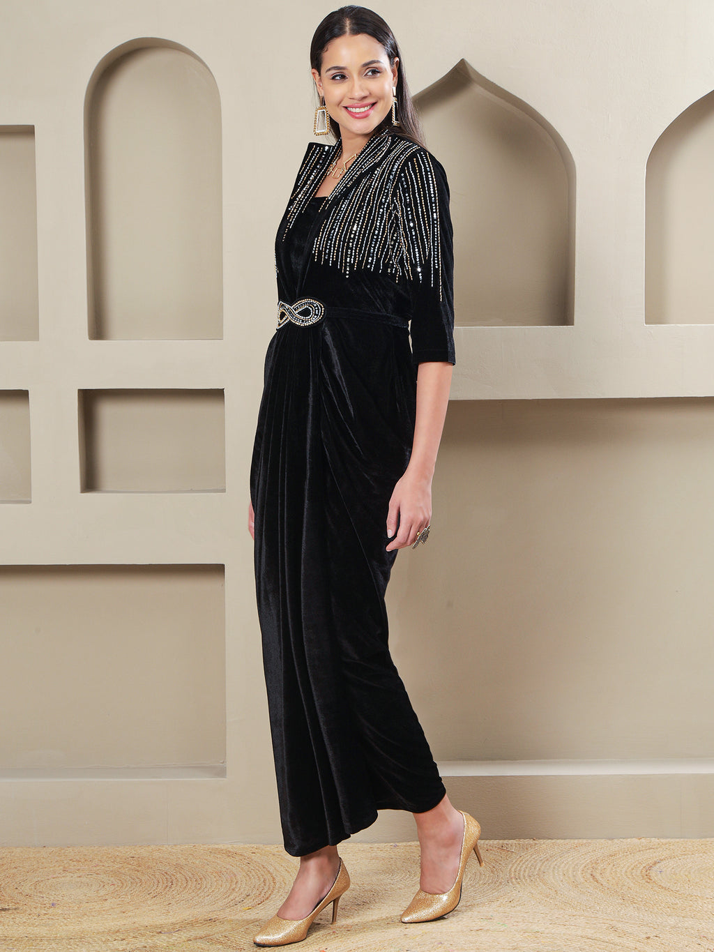 Women BLACK VELVET 3 PCS GOWN