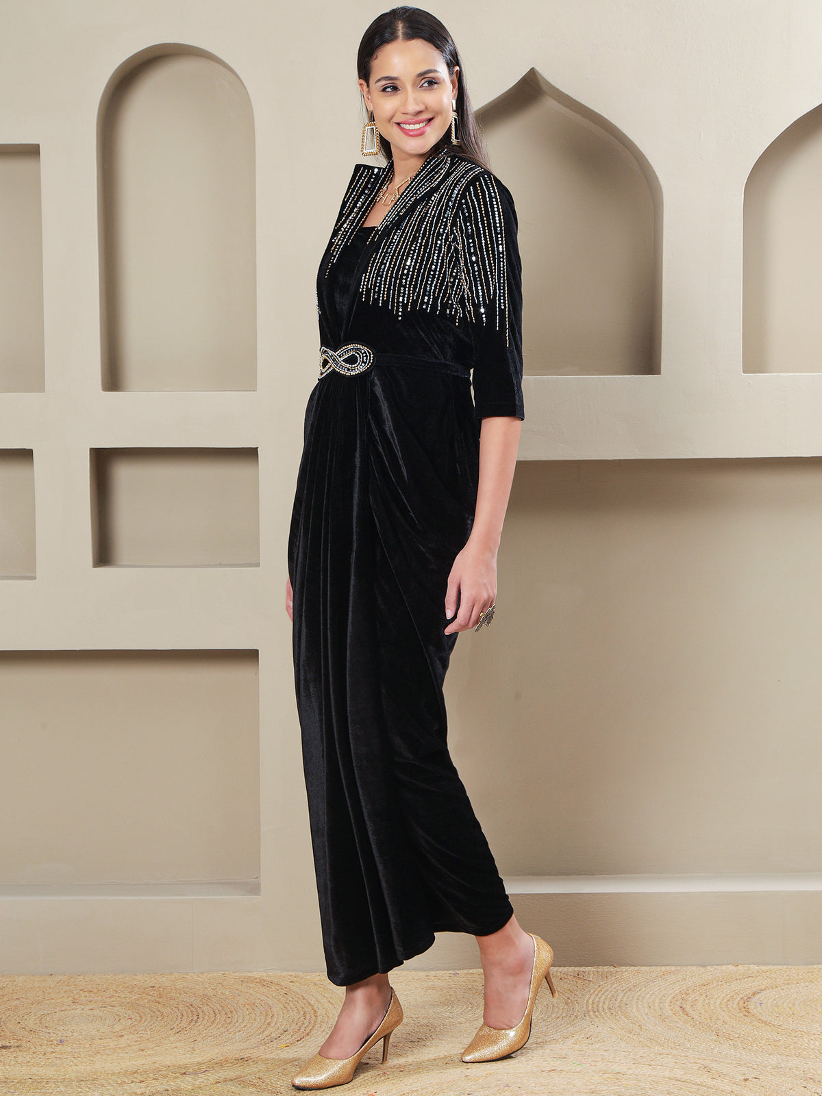 Women BLACK VELVET 3 PCS GOWN