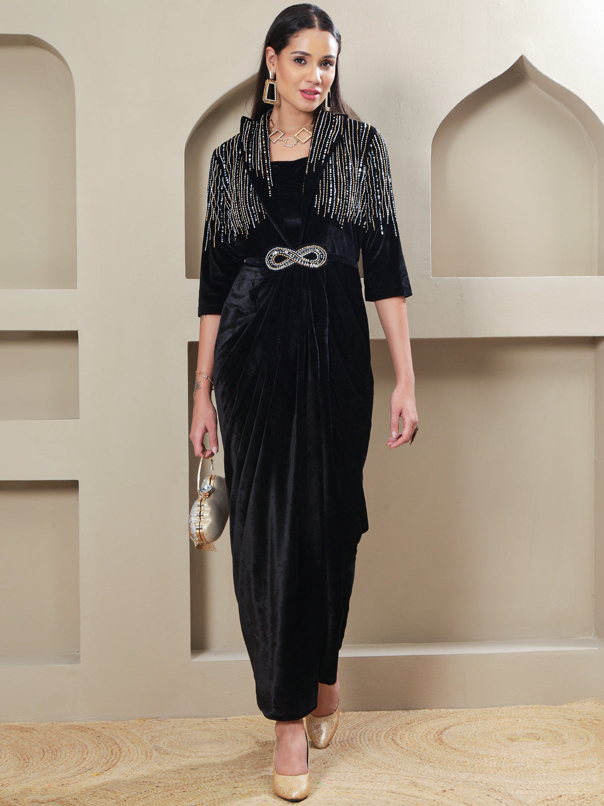 Women BLACK VELVET 3 PCS GOWN