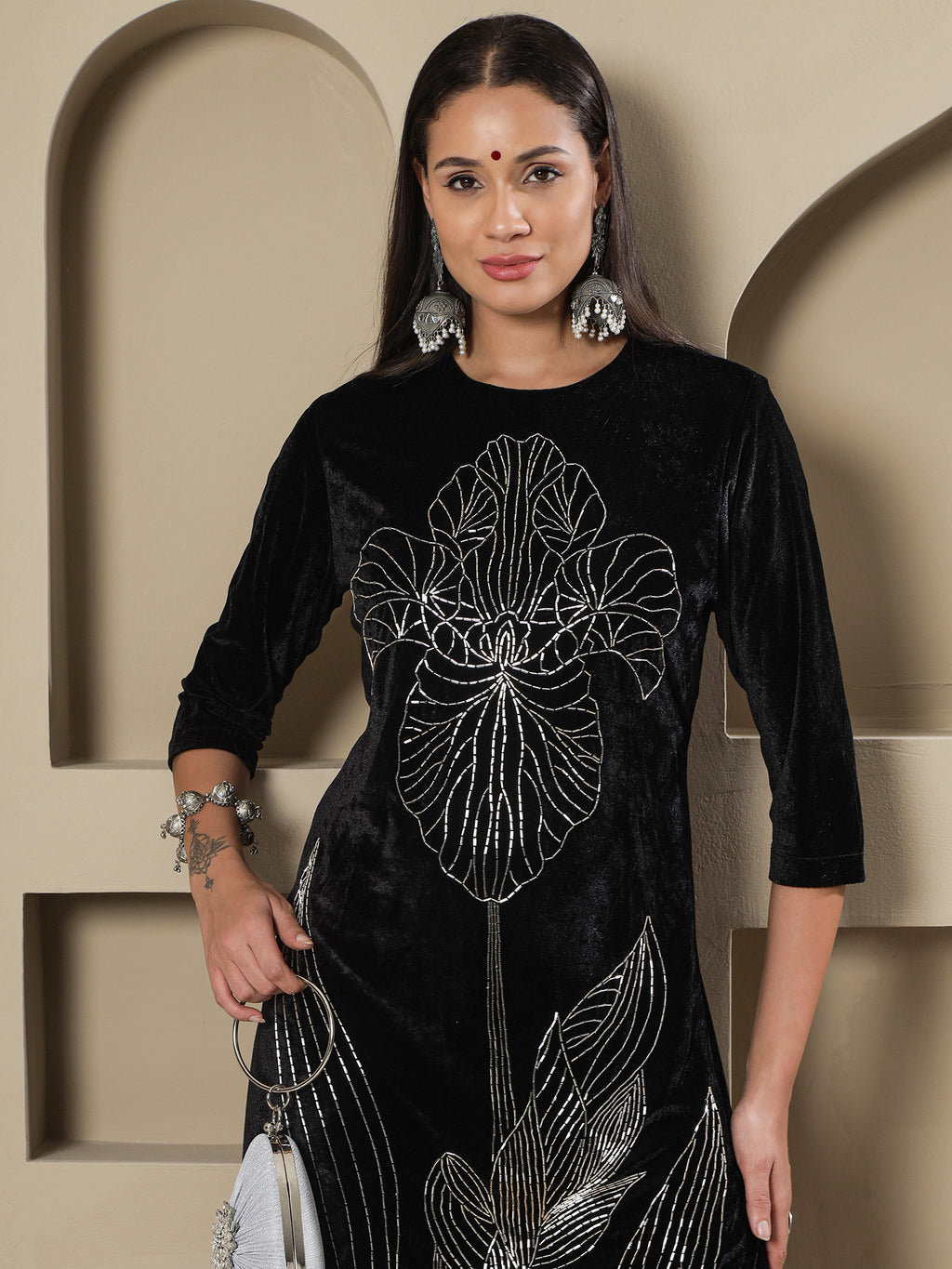 Women BLACK VELVET HAND EMBELLISHED LONG KURTA WITH PANTS