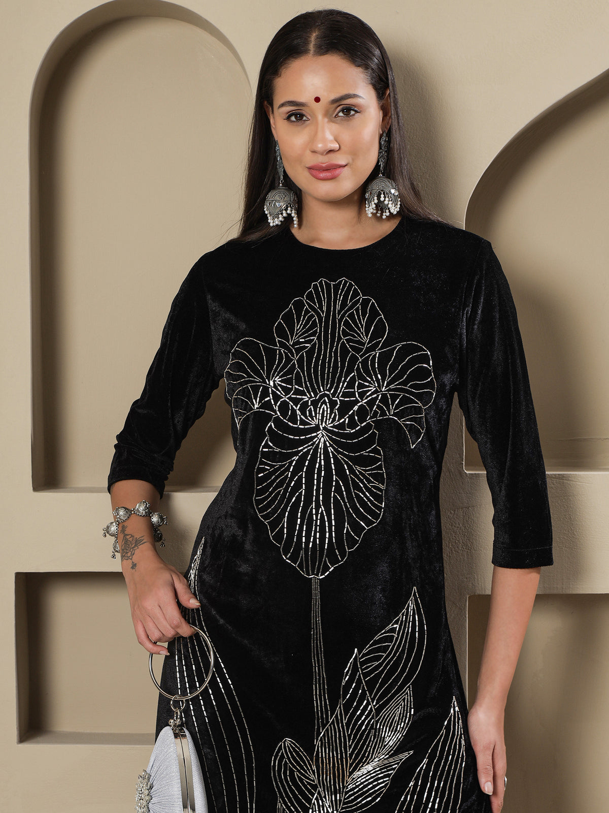 Women BLACK VELVET HAND EMBELLISHED LONG KURTA WITH PANTS