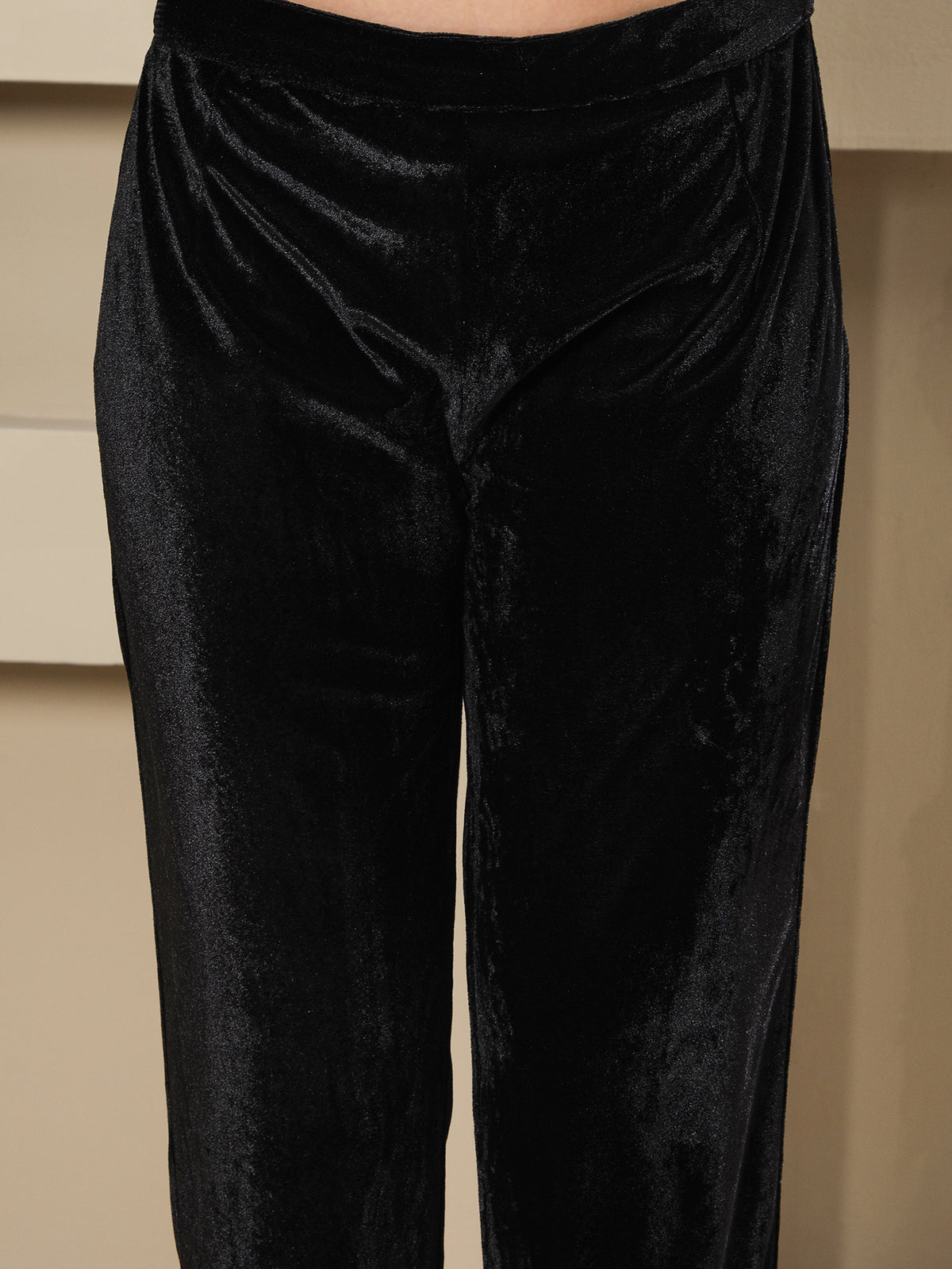 Women BLACK VELVET HAND EMBELLISHED LONG KURTA WITH PANTS