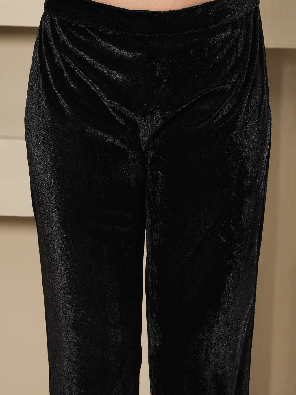 Women BLACK VELVET HAND EMBELLISHED LONG KURTA WITH PANTS