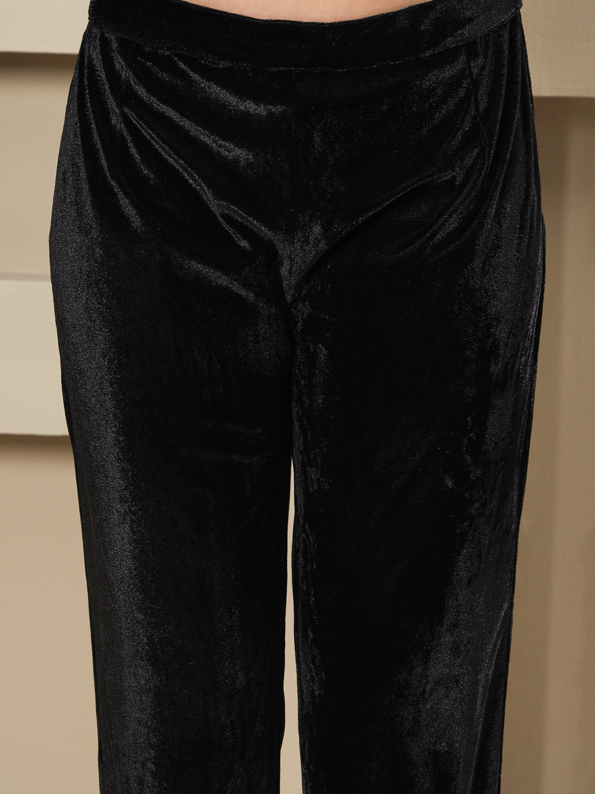 Women BLACK VELVET HAND EMBELLISHED LONG KURTA WITH PANTS