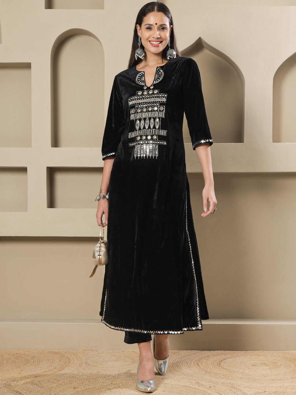 Women BLACK VELVET HAND EMBELLISHED LONG KURTA WITH PANTS