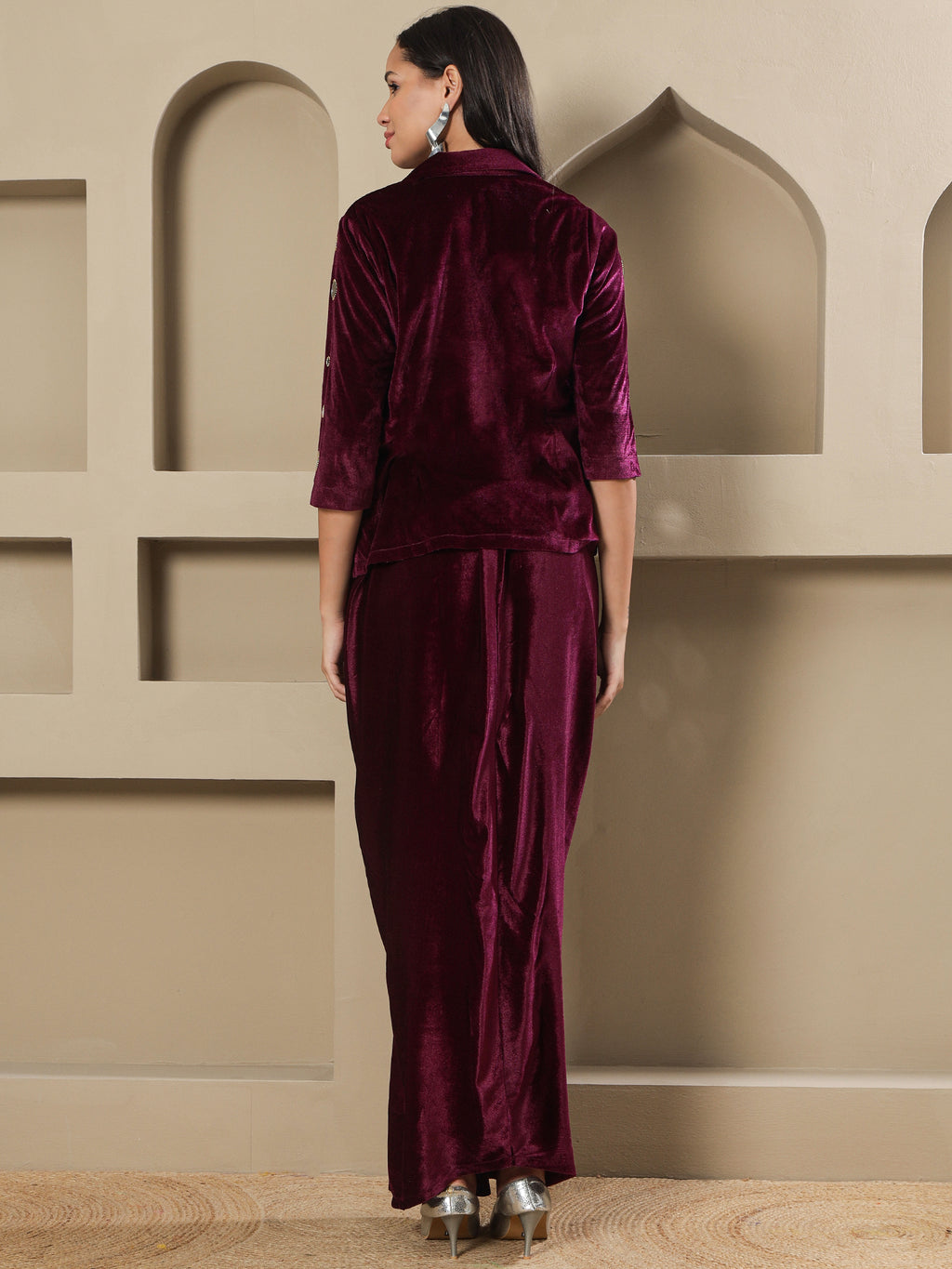Women WINE 3 PCS SKIRT JACKET SET WITH MIRROR WORK