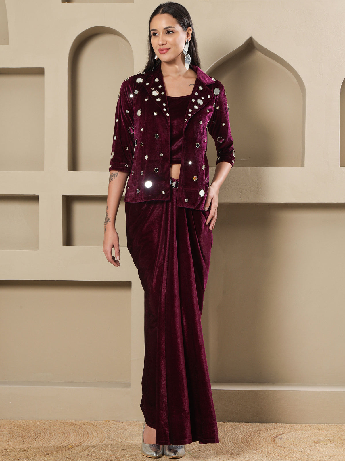 Women WINE 3 PCS SKIRT JACKET SET WITH MIRROR WORK
