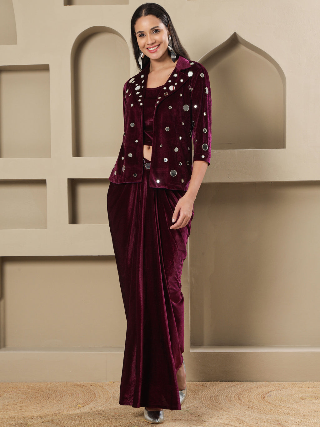 Women WINE 3 PCS SKIRT JACKET SET WITH MIRROR WORK