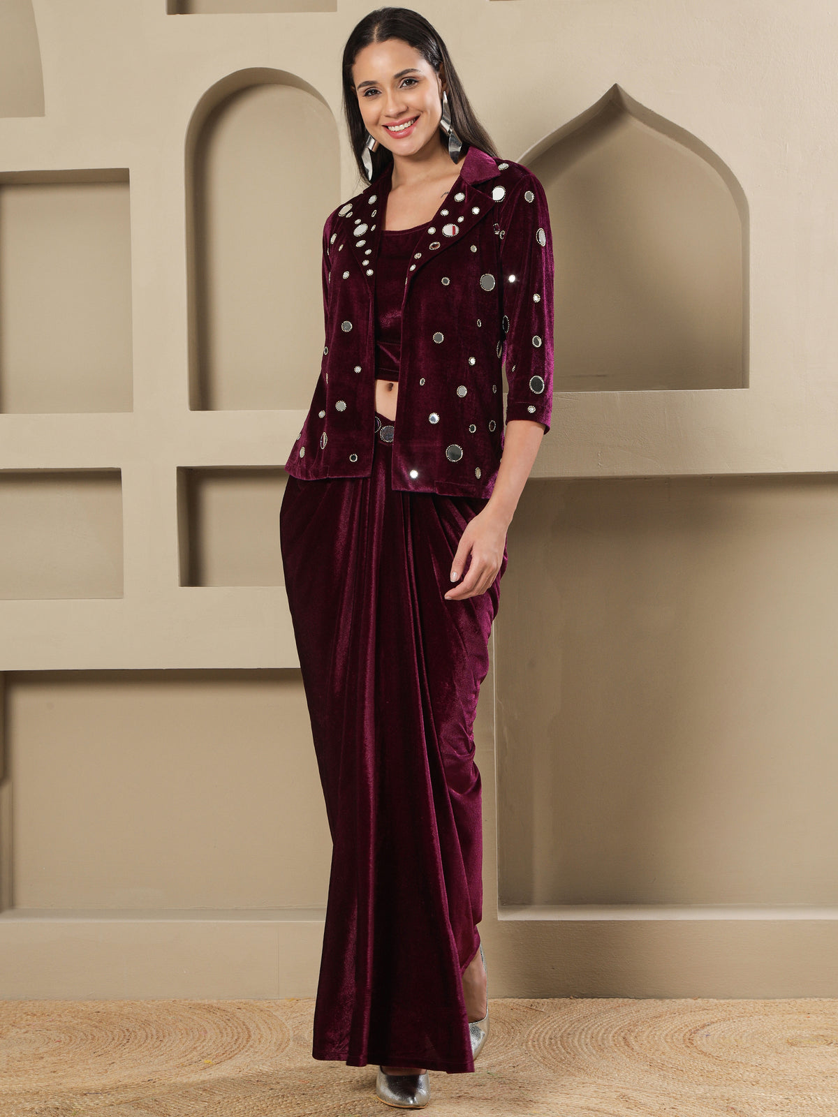 Women WINE 3 PCS SKIRT JACKET SET WITH MIRROR WORK
